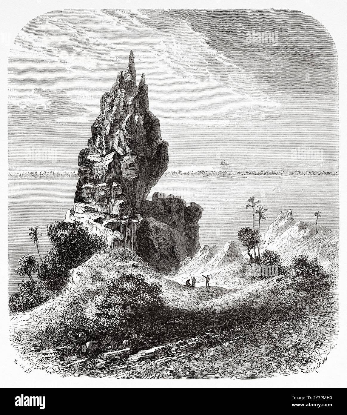 Klippen und Gipfel der Insel Bora Bora, Französisch-Polynesien, Koralleninseln. Zeichnung von Evremond de Berard (1824–1881) Reisen eines Naturforschers zum Galapagos-Archipel, 1858 von Charles Darwin (1809–1882) Le Tour du Monde 1860 Stockfoto