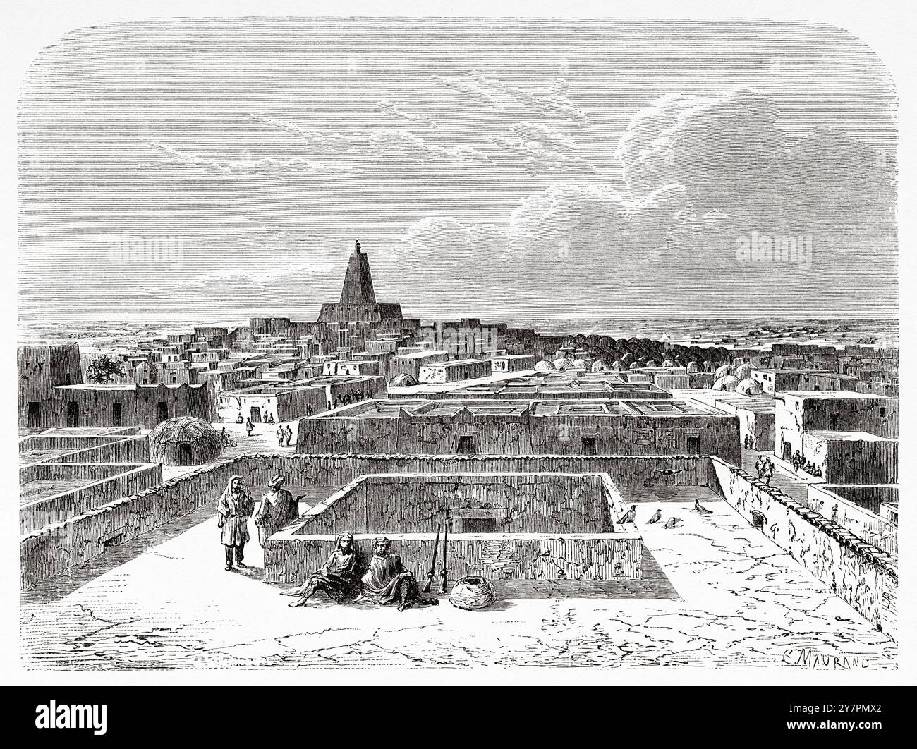 Allgemeiner Panoramablick auf die antike Stadt Timbuktu, Mali. Afrika. Zeichnung von Dieudonne Lancelot (1823–1895) Reisen und Entdeckungen in Nord- und Zentralafrika, 1849-1855 von Heinrich Barth (1821–1865) Le Tour du Monde 1860 Stockfoto