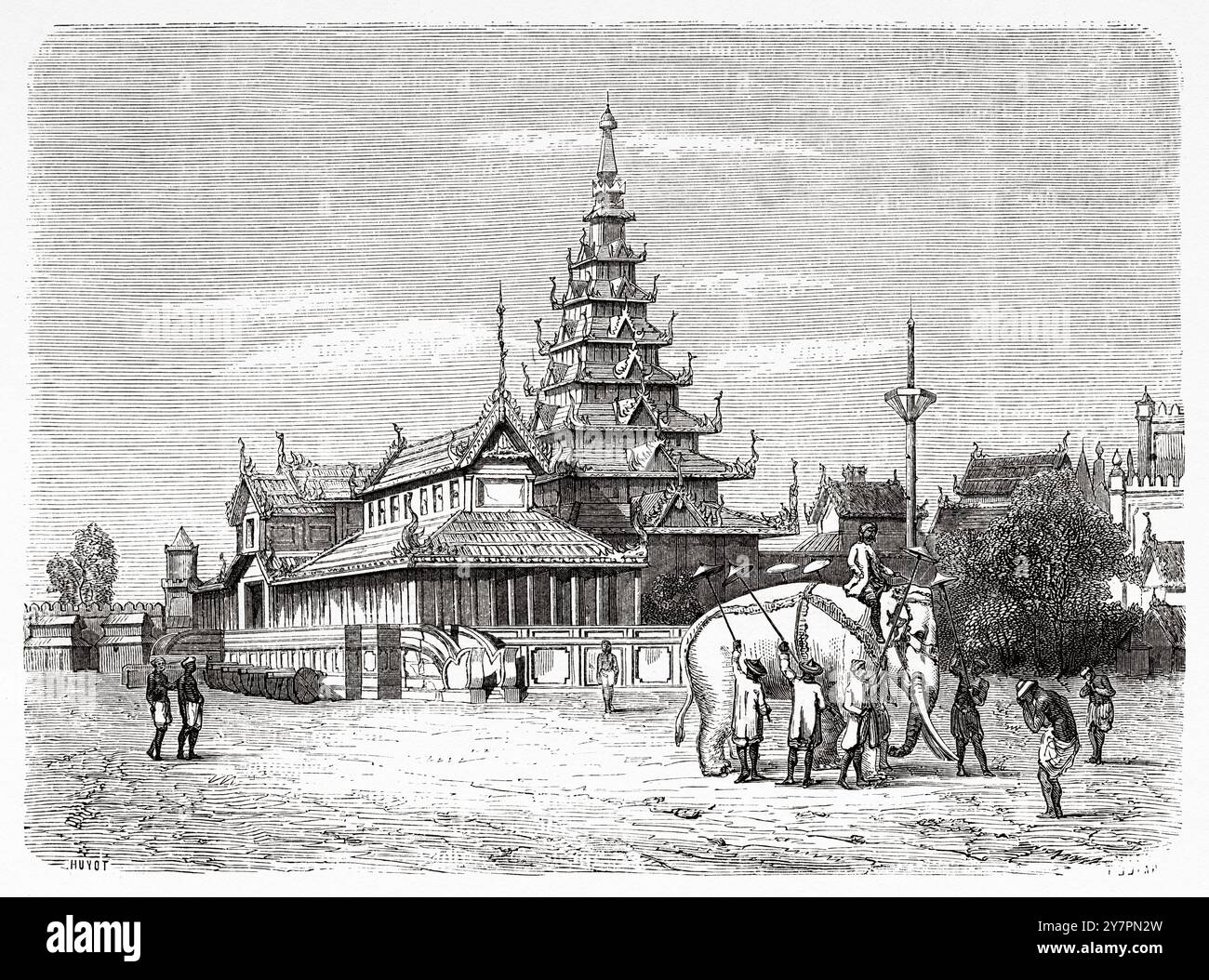 Der Palast des Königs und ein weißer Elefant, Birma, Myanmar. Südostasien. Zeichnung von Victor Navlet (1819–1886) Reise ins Königreich Ava, 1855 von Colonel Sir Henry Yule (1820–1889) Le Tour du Monde 1860 Stockfoto