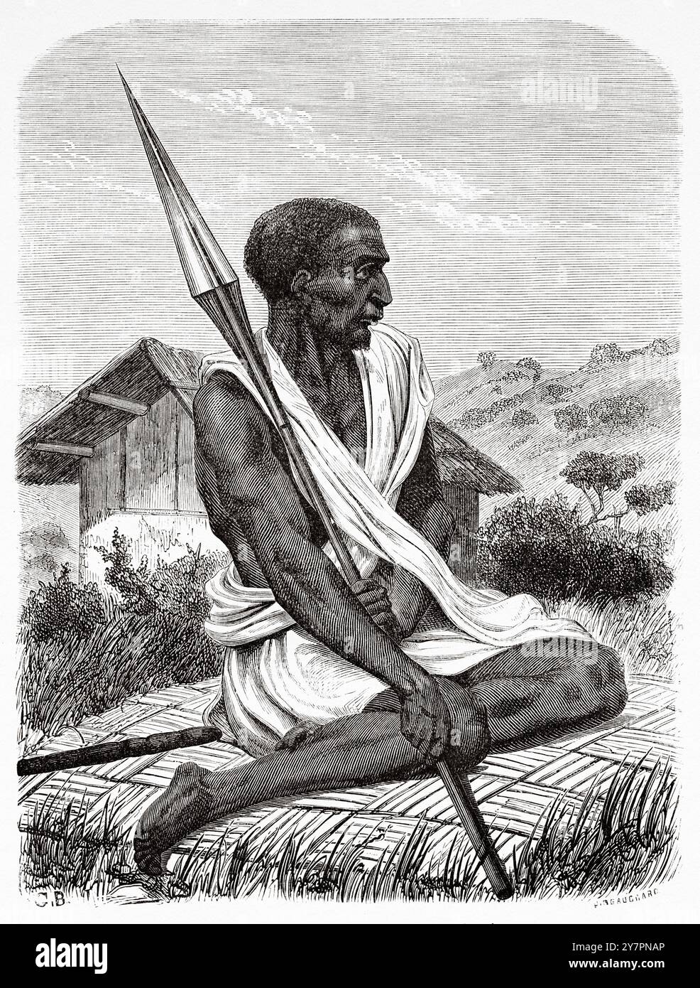 Saydumi gebürtiger ugandischer Mann, Uganda. Afrika. Zeichnung von Gustave Boulanger (1824–1886) Reise zu den Großen Seen Ostafrikas, 1857-1859 von dem britischen Entdecker Richard Francis Burton (1821–1890) Le Tour du Monde 1860 Stockfoto