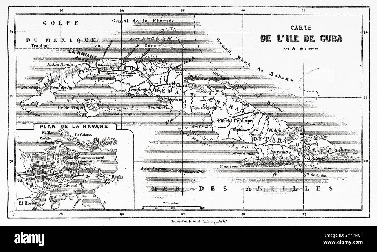 Alte Karte der Insel Kuba. Antillen des Karibischen Meeres. Reise zur Insel Kuba, 1859 von Richard Henry Dana (1815-1882) Le Tour du Monde 1860 Stockfoto