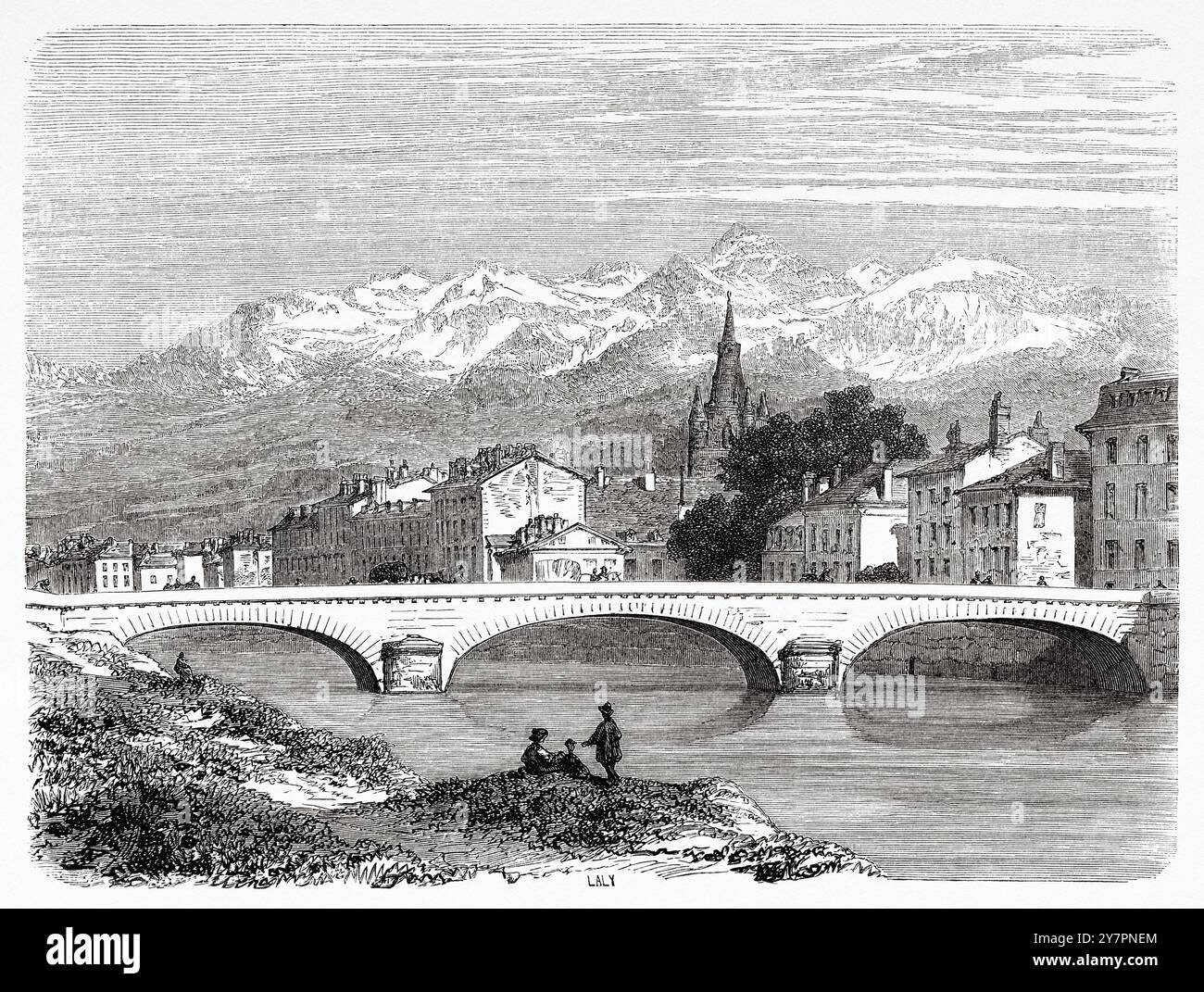 Panoramablick auf die französische Stadt Grenoble und die Dauphiné-Alpen im Hintergrund, Département Isere. Frankreich. Zeichnung von Karl Girardet (1813–1871) Excursions in the Dauphiné, 1850-1860 von Adolphe Joanne (1813–1881) Le Tour du Monde 1860 Stockfoto