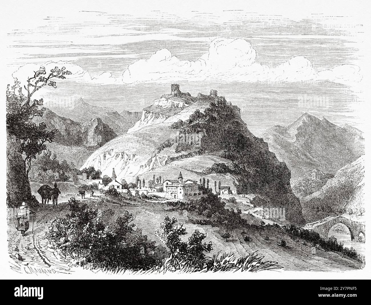 Sainte-Croix und die Ruinen der Burg von Quint, Département Isere. Frankreich. Zeichnung von Karl Girardet (1813–1871) Excursions in the Dauphiné, 1850-1860 von Adolphe Joanne (1813–1881) Le Tour du Monde 1860 Stockfoto