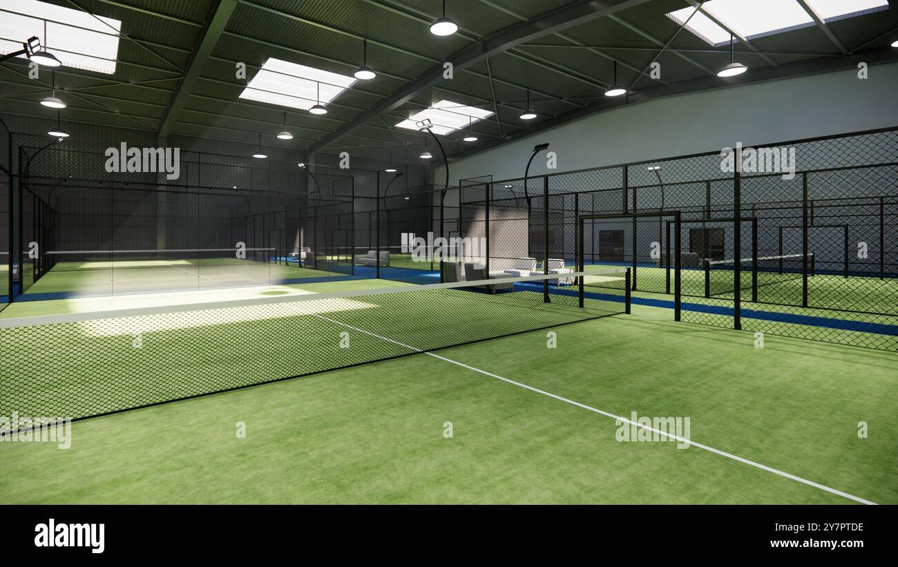 Padel-Tennisnetz auf grüner Oberfläche. Im Hangar-Gebäude Stockfoto