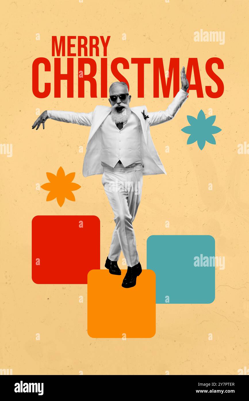 Composite Trend Artwork Skizze Bild Foto Collage von frohe weihnachten Grußkarte Alter Mann Stil Tanz Würfel Plattform feiern Stockfoto