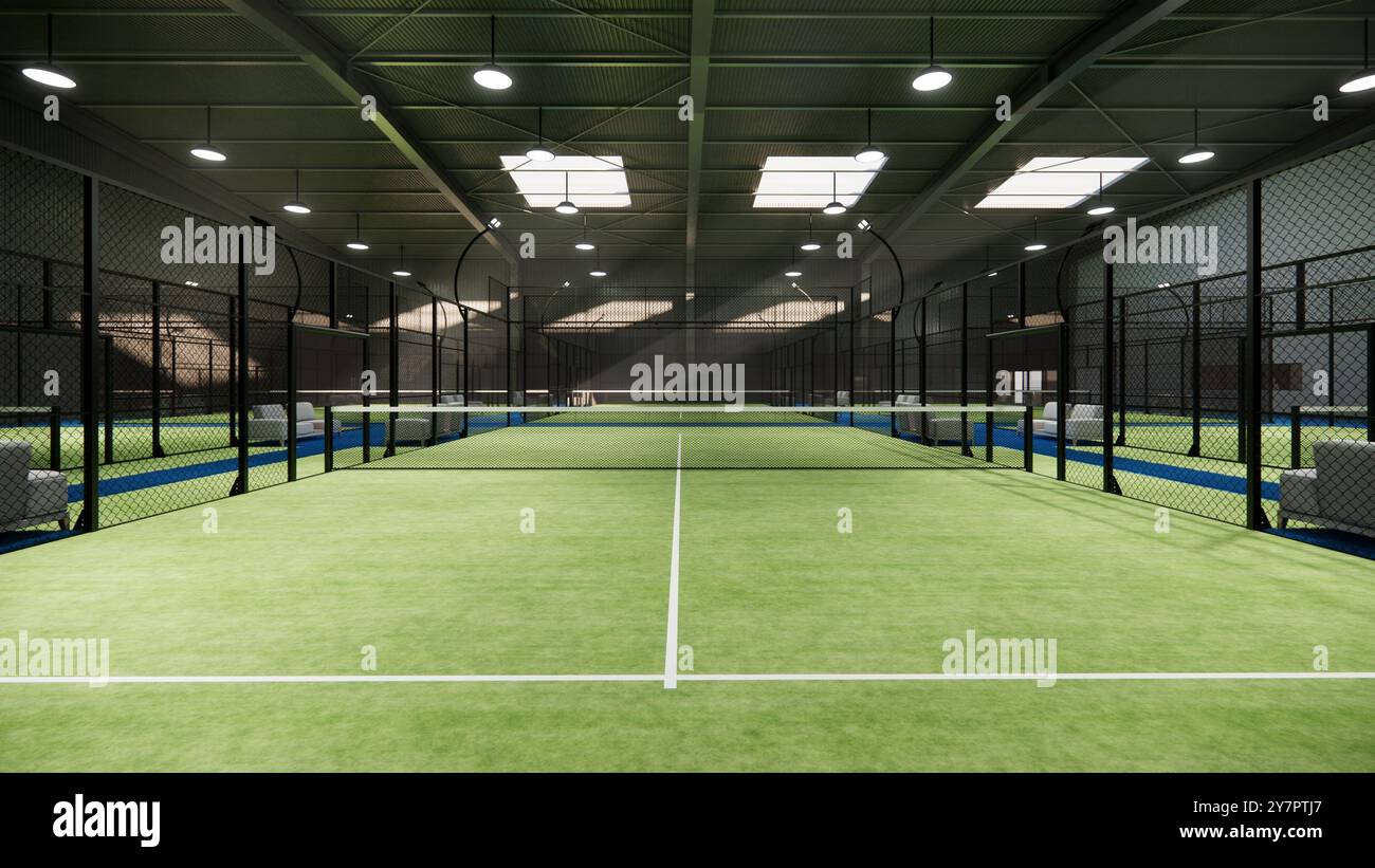 Leere grüne und blaue Padel-Tennisplätze im Hangar-Gebäude Stockfoto