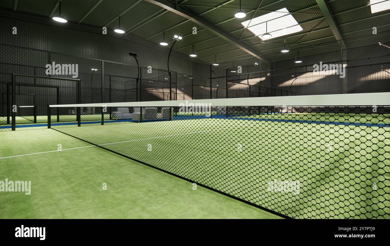 Nahaufnahme Padel Paddle Tennis Netz auf grüner Oberfläche. Im Hangar-Gebäude Stockfoto