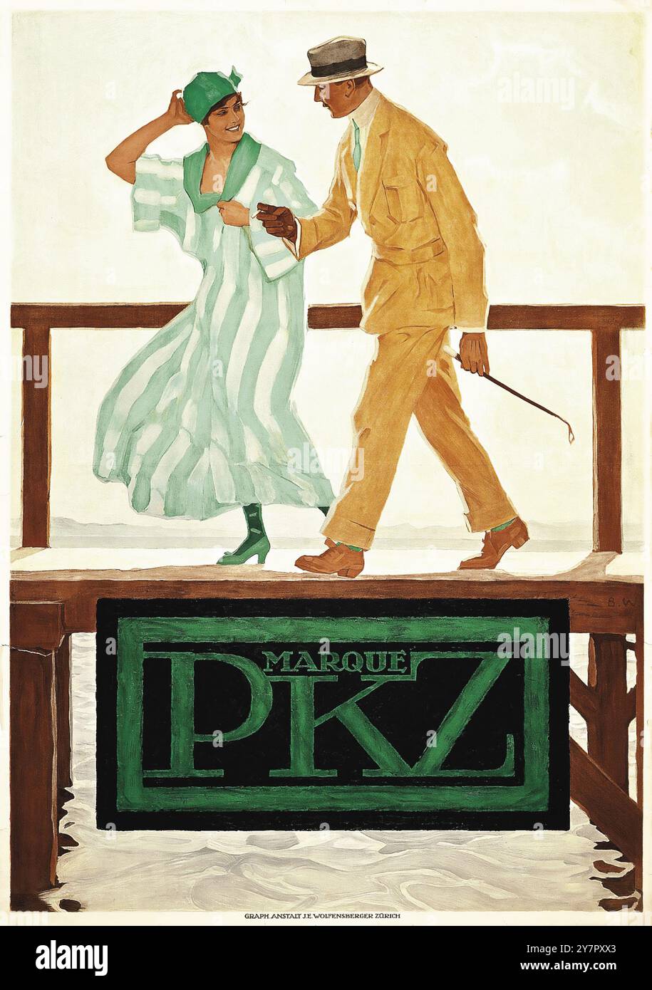 Marque PKZ - illustriertes altes Fasionsplakat 1918 - Brynolf Wennerberg (1866-1950) Mann und Frau auf einem Spaziergang Stockfoto