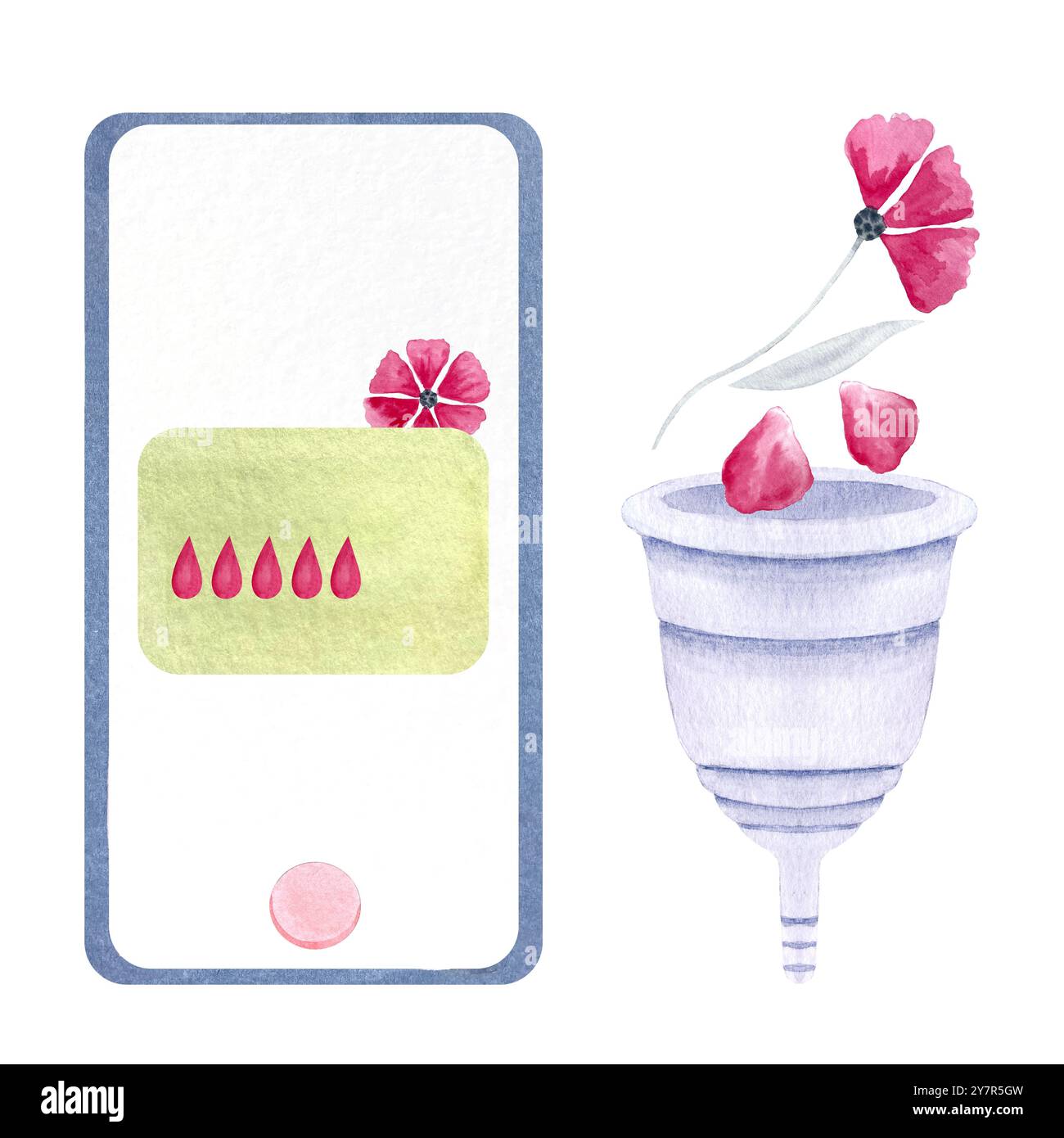Eine App zur Erfassung von Perioden, eine Menstruationstasse mit einem rosa Blütenblatt-Aquarell, isoliert auf weiß. Ideal für umweltfreundliche Menstruationspflege, ADS Stockfoto