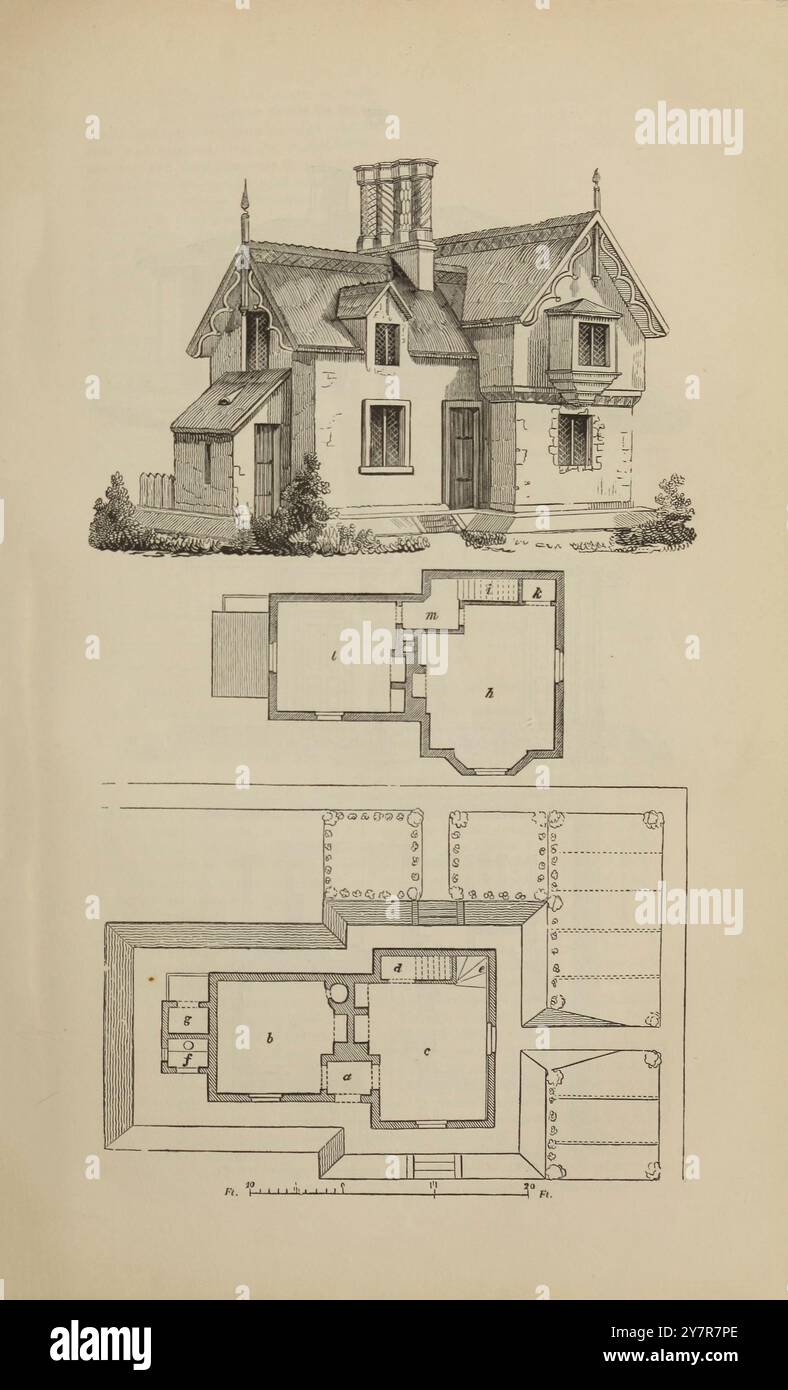 Bauernhäuser aus dem 19. Jahrhundert in verschiedenen Stilen für Arbeiter und Bauern. London. 1842 Ein Cottage in der altenglischen Manier, mit einer Küche, einem Wohnzimmer und zwei Schlafzimmern Stockfoto