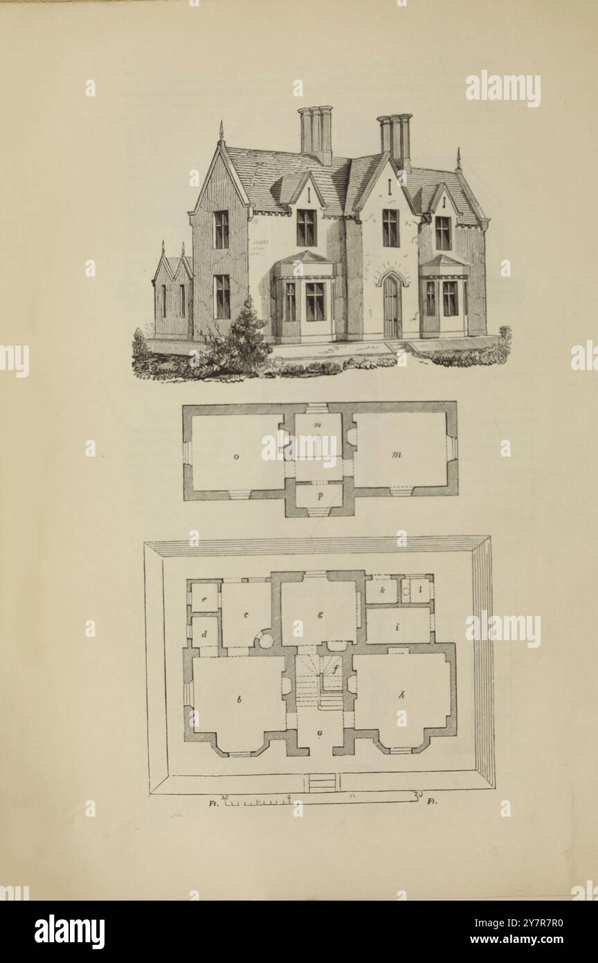 Bauernhäuser aus dem 19. Jahrhundert in verschiedenen Stilen für Arbeiter und Bauern. London. 1842 Eine Wohnung mit fünf Zimmern, mit Annehmlichkeiten, im alten englischen Stil, wo das Baumaterial hauptsächlich aus Stein besteht Stockfoto