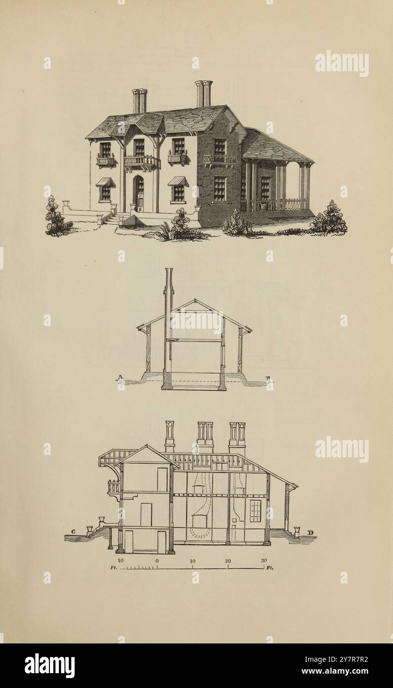 Bauernhäuser aus dem 19. Jahrhundert in verschiedenen Stilen für Arbeiter und Bauern. London. 1842 Ein Cottage-Wohnhaus mit zwei Sitzzimmern, in der altenglischen Manier, wo Holz, Ziegelstein und Schiefer die Materialien sind, die für die Wände und das Dach verwendet werden Stockfoto