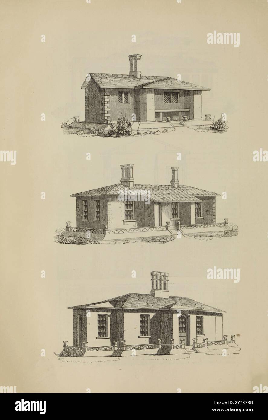 Bauernhäuser aus dem 19. Jahrhundert in verschiedenen Stilen für Arbeiter und Bauern. London. 1842 Eine Hütte mit zwei Zimmern, die als Gate Lodge gedacht ist, Eine Hütte mit drei Zimmern, mit Back Kitchen, Kuhhaus und anderen Annehmlichkeiten, Eine Wohnung mit vier Zimmern, eine Back Kitchen und andere Annehmlichkeiten Stockfoto