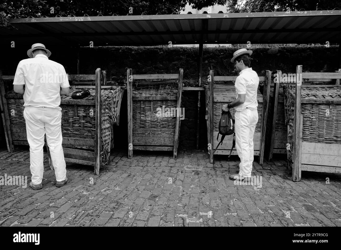 Carreiros bereitet Korbrodelbahnen für den traditionellen monte Ride vor Stockfoto