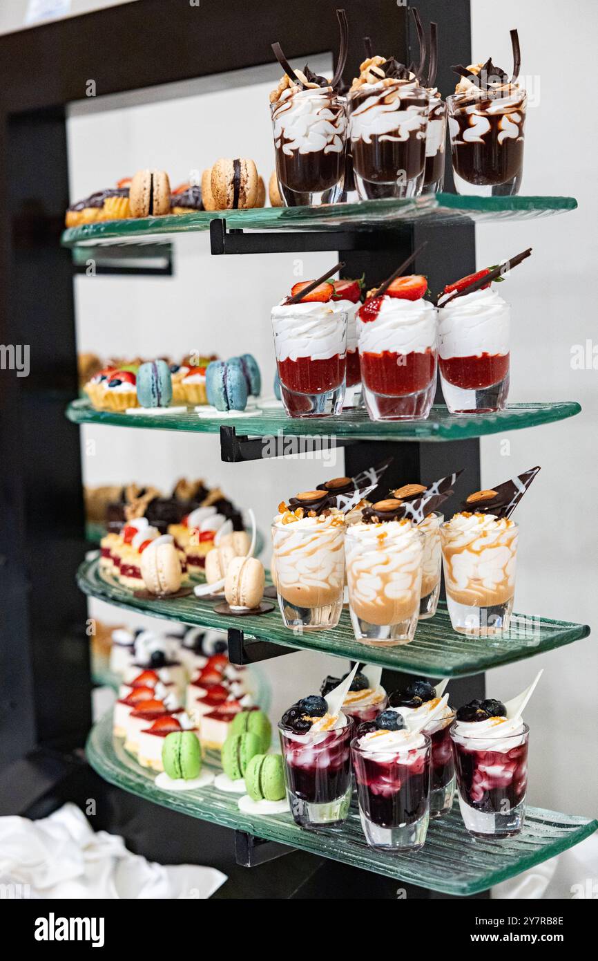 Verschiedene Arten von süßen Desserts, Mousse. Dessertbuffet mit Mousse aus weißer und dunkler Schokolade mit Früchten in einem Glas Stockfoto