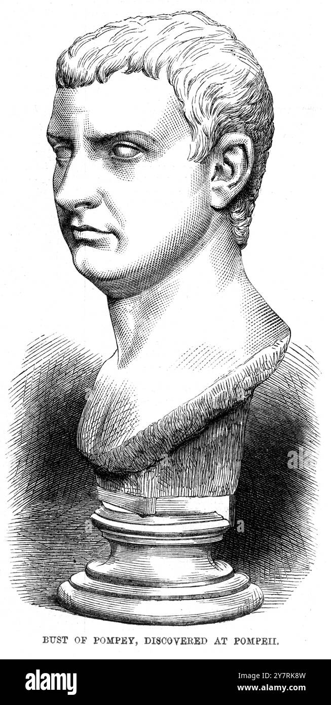 ANTIKE BÜSTEN VON POMPEIIA Korrespondant in Neapel berichtet von der Entdeckung von zwei Büsten - einer von Pompeius dem Großen, der anderen von Brutus, die in Pompeji, in der östlichen Kammer des Hauses Lucius Pompidius, in einer Tiefe von mehreren Fuß unter dem Boden gefunden wurden. Beide sind aus pararischem Marmor. Hier sehen Sie die Büste von Pompeius am 28. August 1869 Stockfoto