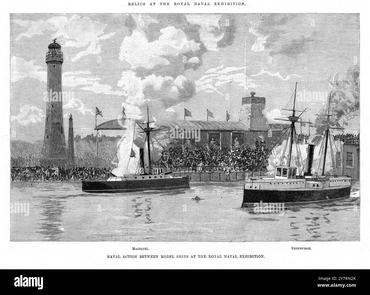 MARINEAKTION ZWISCHEN MODELLSCHIFFEN BEI DER ROYAL MARINESCHIFFFAHRT die Königin besuchte den Minatursee und war Zeuge der nachgeahmten Seeschlacht zwischen der HMS Majestic und der HMS Edinburgh, dem Gelände des Royal Chelsea Hospital in London. 16. Mai 1891 Stockfoto