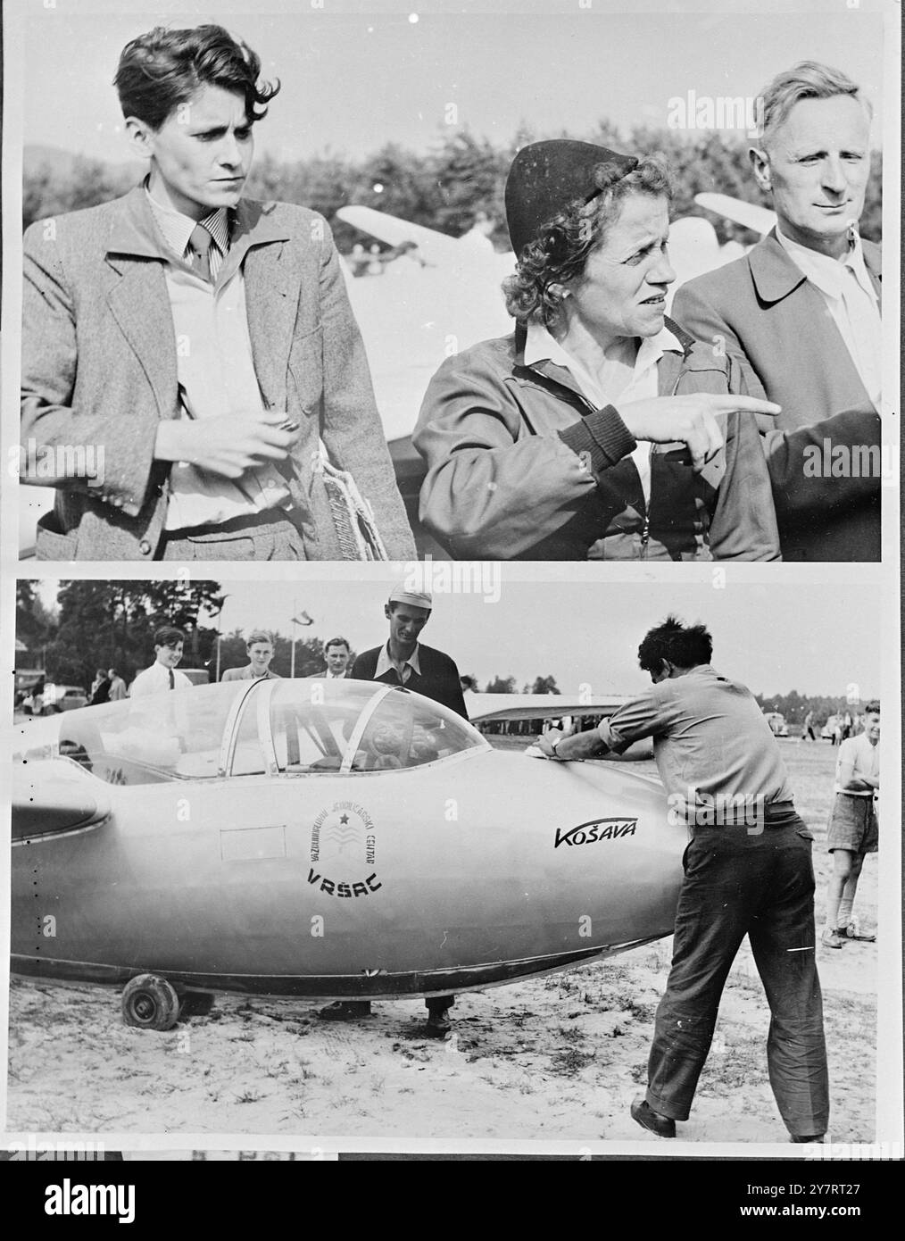 DEUTSCHE SEGELFLIEGERFLIEGERIN 30.7,53. Beim größten Segelflugturnier in Deutschland seit dem Krieg war Flugkapitän Hanna Reitsch, eine bekannte Segelflugpilotin aus der Vorkriegszeit. Während des Krieges flog sie ein winziges Flugzeug in das glühende Berlin mit einer Mission nach Hitler, die damals im Bundeskanzlerbunker lebte. Foto zeigt Top: Hanna Reitsch zeigt Freunden beim Wettbewerb ein Detail in einem der Segelflugzeuge. Unten: Ein Segelflugzeug wird vor dem Wettkampf in letzter Minute poliert. 30. Juli 1953 Stockfoto