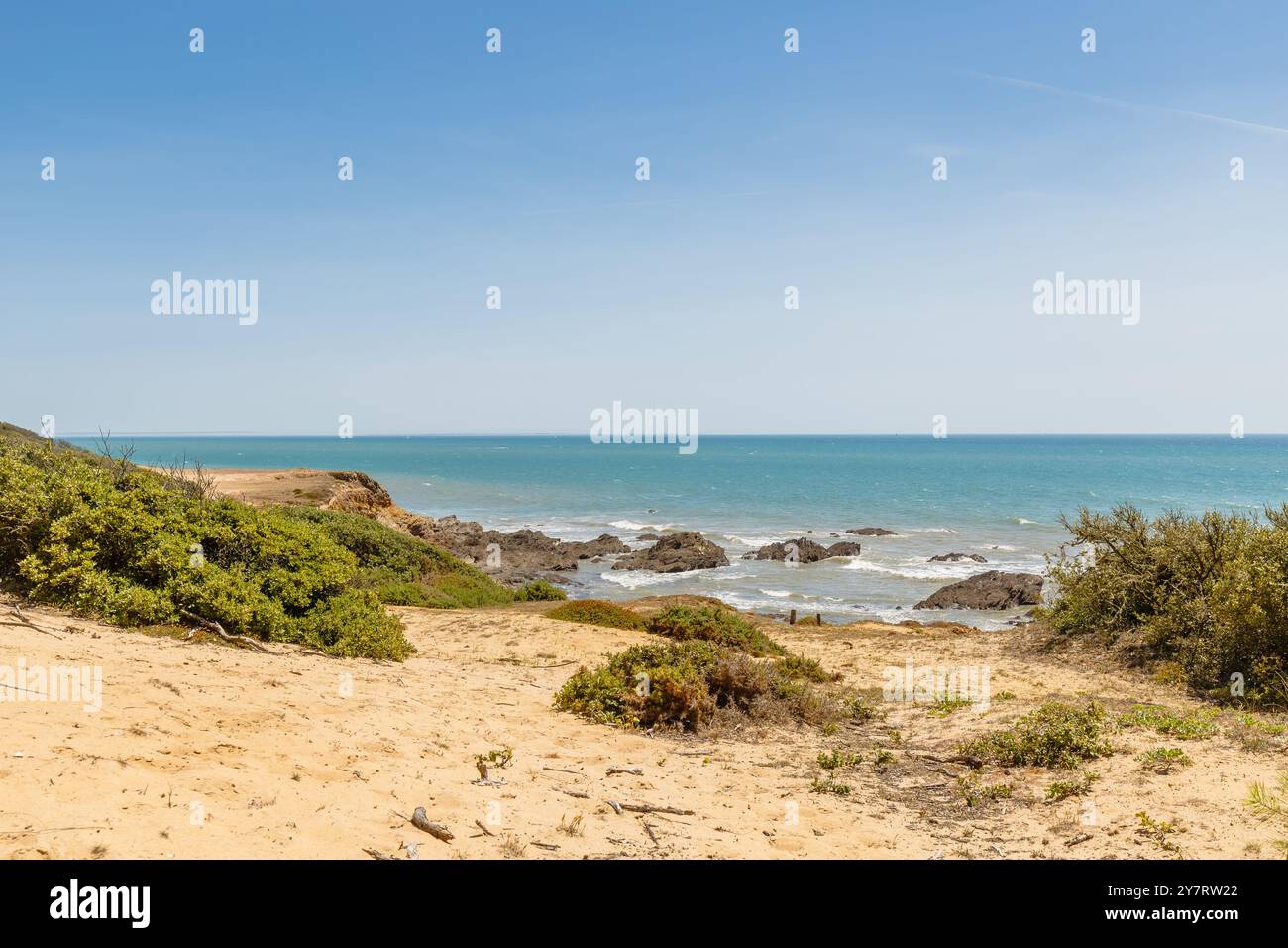 Blick auf den Strand Pointe du Payre, Jard sur Mer, Frankreich an einem Sommertag, Vendée, Frankreich Stockfoto