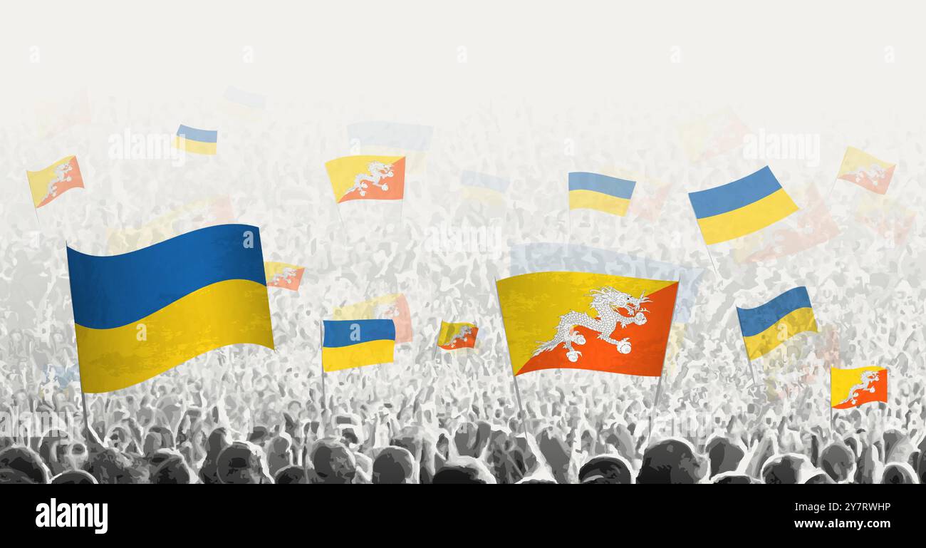 Die Menschen schwenken die Flagge Bhutans und der Ukraine und symbolisieren die bhutanische Solidarität für die Ukraine. Vektorabbildung. Stock Vektor