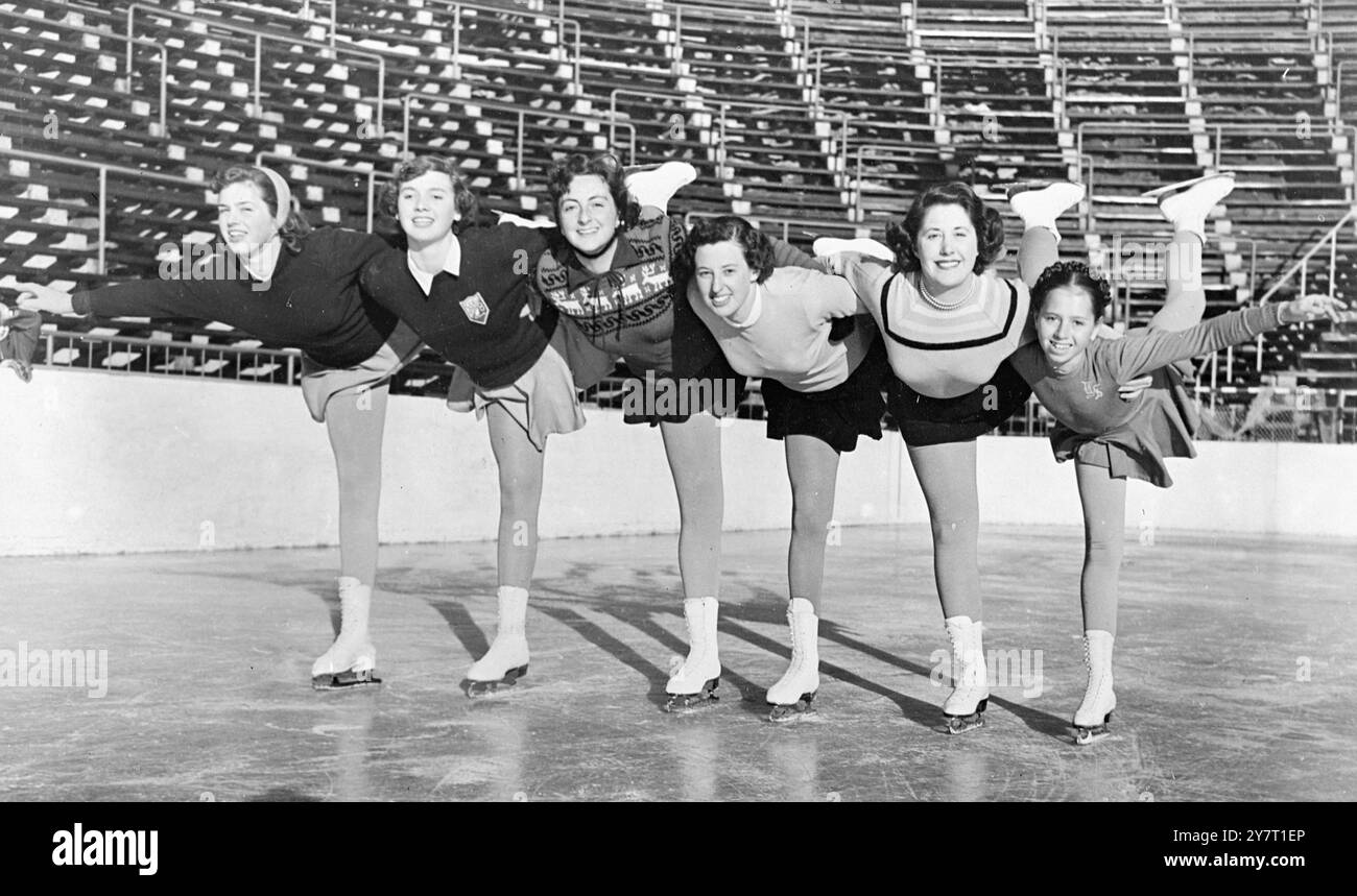 DAS BRITISCHE TEAM BEREIT FÜR DIE OLYMPISCHEN WINTERSPIELE 10-2-52 I.N.P. FOTO ZEIGT: Sechs Mitglieder des British Girls Skating Teams fotografiert in Oslo, wo sie für die Olympischen Winterspiele trainieren. Von links nach rechts: Valda Osborn, 27, aus Kent: Erica Batchelor, 18, aus Streatham, London; Jeanette Altwegg, 21, aus Kent; Pat Devries, 21, aus Wembley, London; Barbara Wyatt, 21, aus Brighton, Sussex; und Yvonne Sugden, 12, aus London. Bild von J. Waldorf INTERNITIONAL NEWS FOTOS. D/59627. REPRODUKTIONSGEBÜHR - LONDON DLYS UND EVGS ¬ £3-3- - C Stockfoto