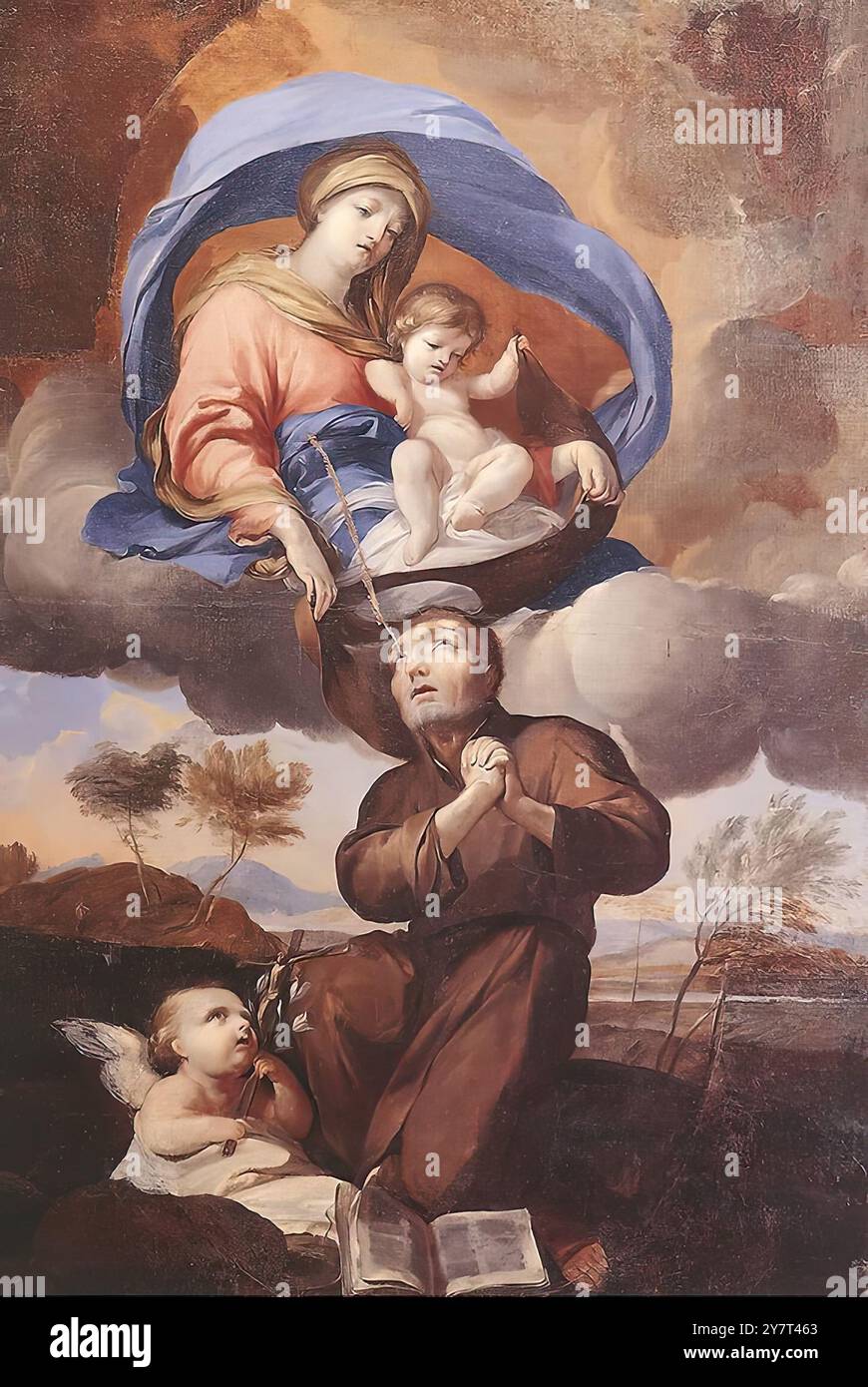 PUGET, Pierre (* 1620, Marseille, d. 1694, Marseille) Virgin Giving the Scapular to St Simon Stock – Öl auf Leinwand, 78,5 x 53,5 cm Musée des Beaux-Arts, Marseille nach der Tradition des Karmeliterordens aus dem 13. Jahrhundert erschien Simon Stock (1175–1285) die Jungfrau mit dem Kind und gab ihm das Skapular, das versprach, dass die Schmerzen der Hölle durch das Tragen auf der Schulter gelindert werden. --- Schlüsselwörter: ----------------- Autor: PUGET, Pierre Titel: Virgin Giving the Scapular to St Simon Stock Zeitlinie: 1651-1700 Schule: Französisch Form: Malerei Typ: Religi Stockfoto