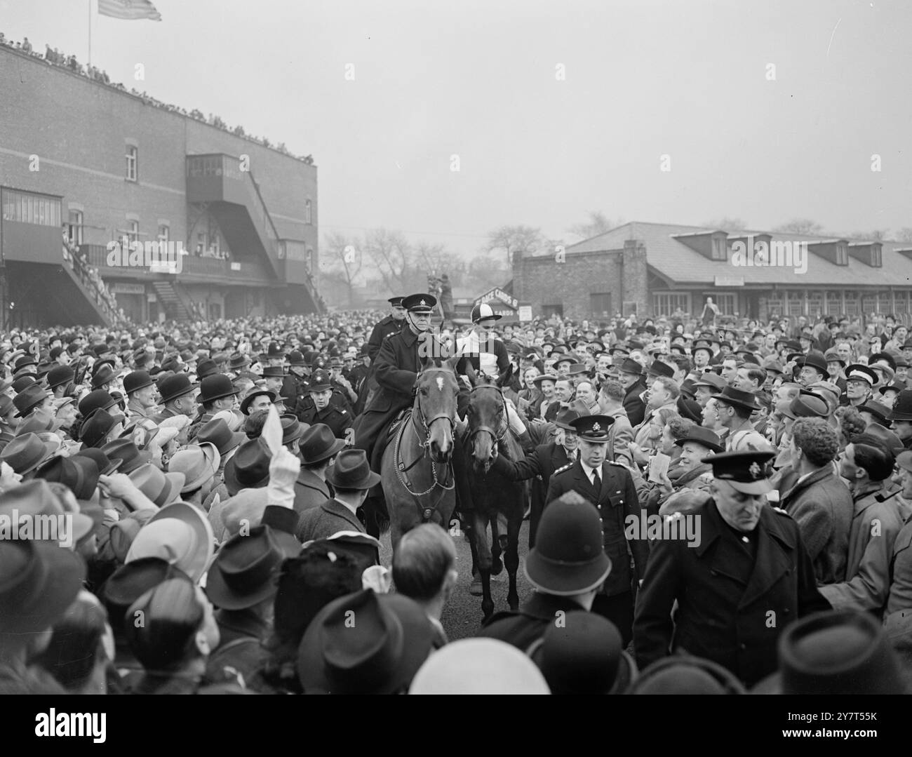 ROIMOND, KÖNIGLICHER LEITER, ABER RUSSISCHER HELD GEWINNT Russian Hero , im Besitz von Mr . W.F. Williamson und geritten von Leo McMorrow, 27-jähriger Ire aus Mountshannon ( Co. Slingo ) gewann den Grand National Steeplechase in Aintree, Liverpool . Er beendete acht Längen vor Lord Bisectors Roimond 9 R. Francis oben ) . Royal Mount , im Besitz von Mrs . M. Hervey und Ritten von P. Doyle war Dritter . DAS BILD ZEIGT ;-Allgemeine Ansicht, wie der russische Held nach seinem Sieg herangeführt wurde . 26. März 1949 Stockfoto