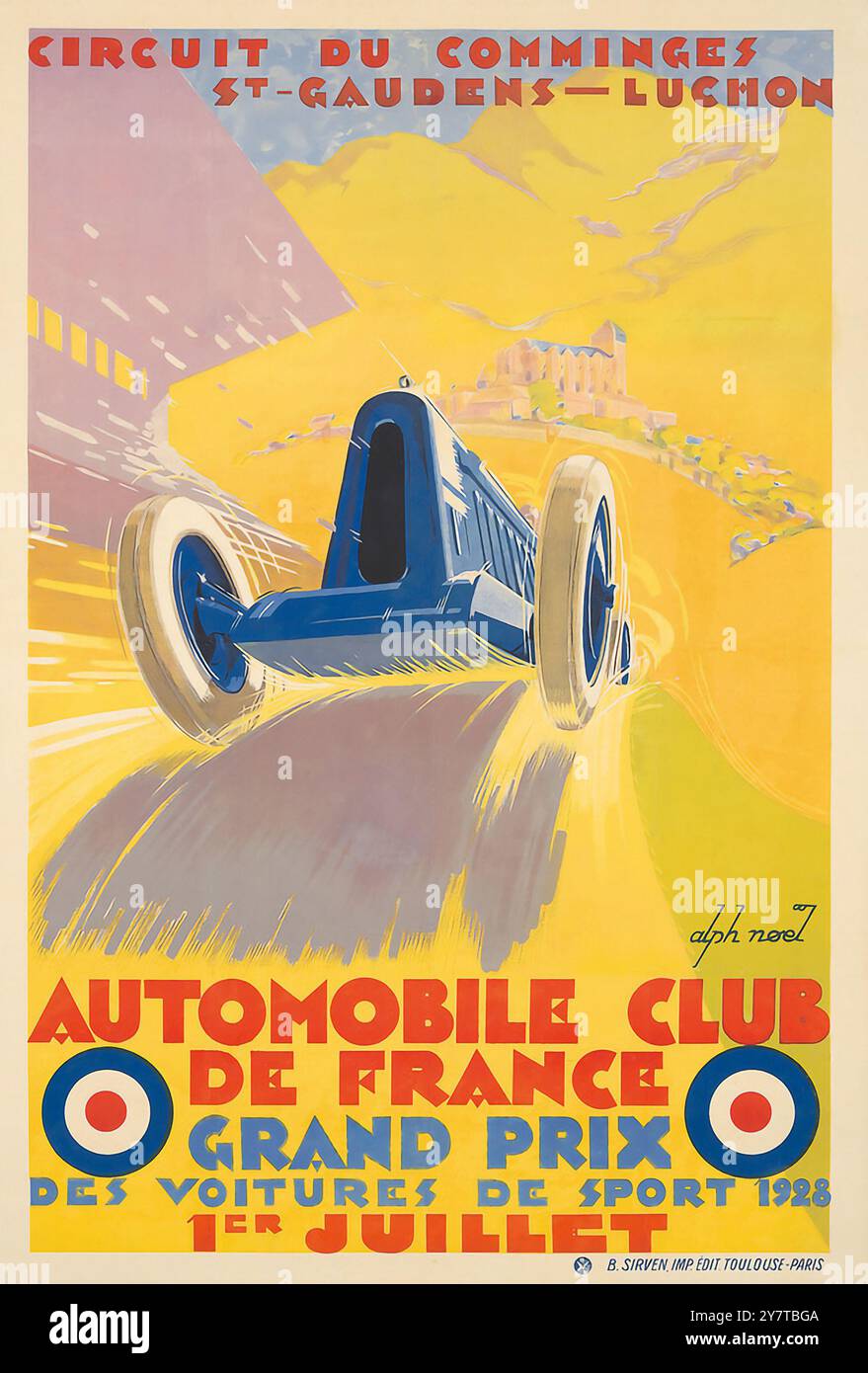 „Automobile Club de France Grand Prix voiture Sport 1928“ auf dem Circuit du Comminges. Oldtimer-Poster, 1928 Stockfoto