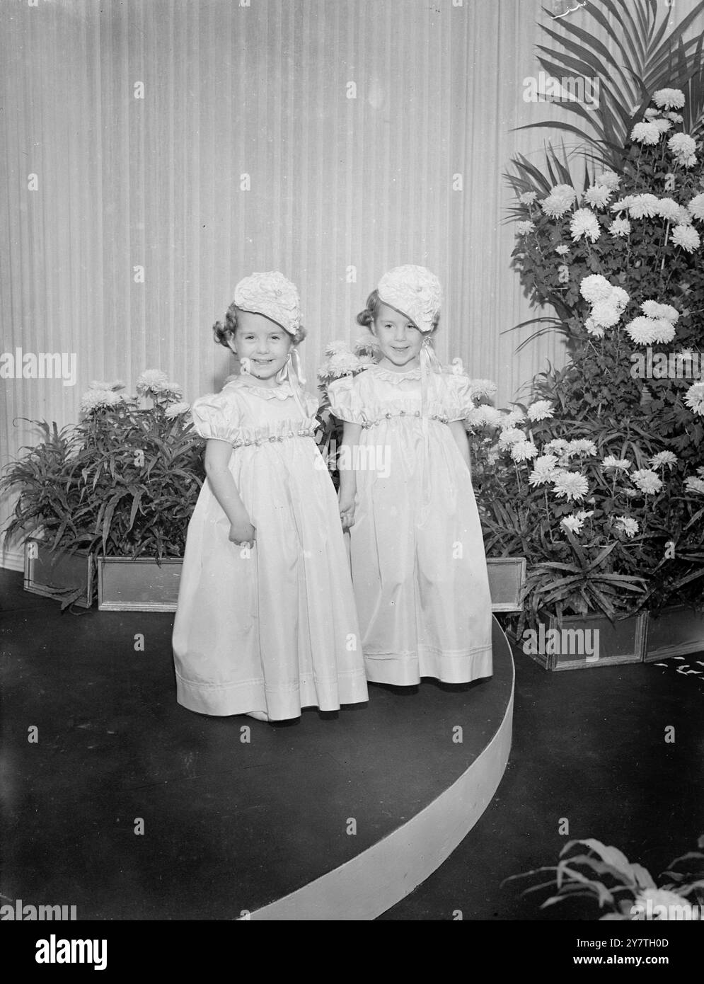 In der Welt der Mode hat die Zeit eine eigene Bedeutung: Die Zukunft wird stark betont. Dies wurde heute in London gezeigt, als Cooks of St Paul's ihre Frühlings- und Sommermode für das Jahr 1950 präsentierte. DAS BILD ZEIGT:- die jüngsten Models auf der Cooks of St Paul's Modeschau in London heute mit Jennifer und Susan Baker, 3 1/2 Jahre alte Zwillinge aus West Finchley, London. Sie sind ein perfektes „passendes Set“ in Looks und Kleidern und tragen Brautjungfernkleider aus rosafarbenem Seidentaft. Obwohl der Unterschied subtil ist, ist Susan links, Jennifer rechts, 31 Stockfoto