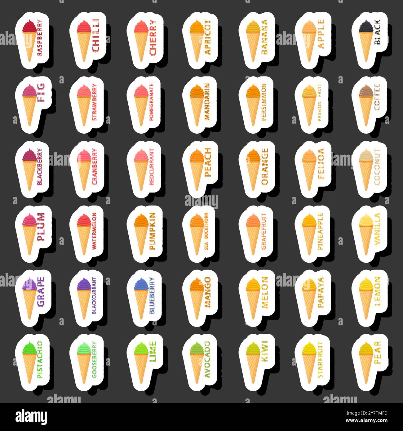 Großes buntes Set verschiedene Formen natürliches Desserteis bestehend aus verschiedenen Zutaten, Design Eis verschiedene Formen von Menü Bio Nutriti Stock Vektor