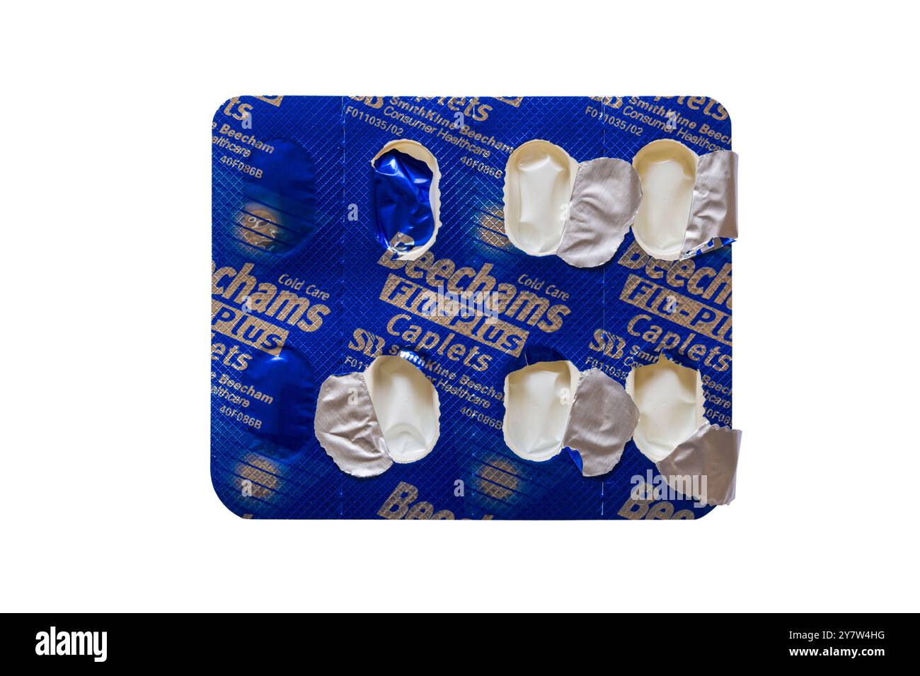 Blisterpackung von Cold Care Beechams Grippe-Plus Kapseln isoliert auf weißem Hintergrund - abschwellend, Vitamin C, nicht schläfrig Stockfoto