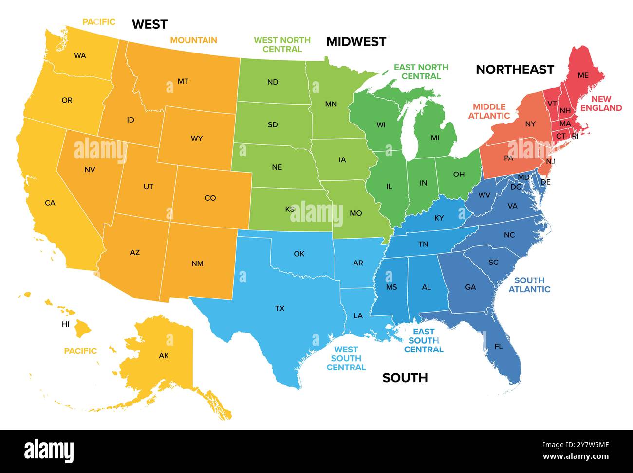 Vereinigte Staaten von Amerika, Volkszählungsregionen und -Divisionen, farbige politische Karte. Karte der USA mit vier Hauptregionen, neun Divisionen, fünfzig bundesstaaten und D.C. Stockfoto