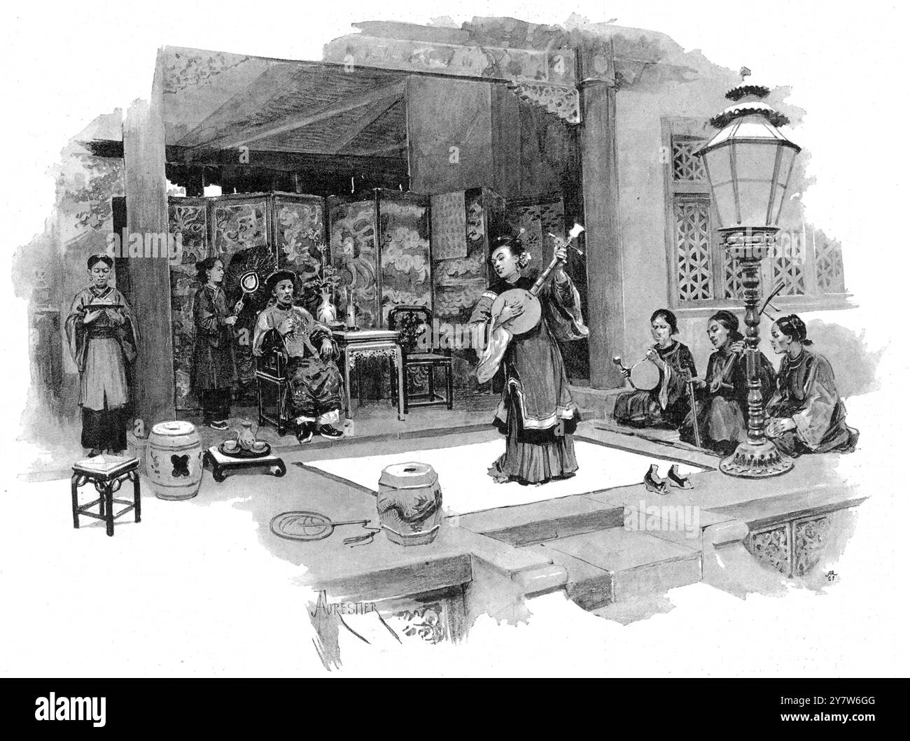 Illustration Eines chinesischen Mädchens, Absolvent von Professor Douglas. Sie sang im makellosesten Falsetto, sie spielte Gitarre mit Geschmack und Ausdruck, und sie tanzte mit Anmut und Agilität. Wie in den Illustrated London News erschienen. 21. Mai 1892 Stockfoto