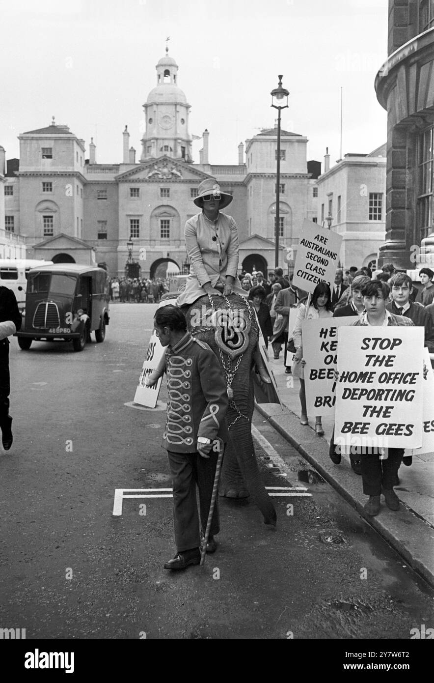 Der Protest von Teenagern gegen die Deportation der Popgruppe Bee Gees fand heute Nachmittag in London statt, mit Hilfe eines Elefanten aus Billy Smart's Circus. Der 18-jährige Jean Clark, Mitglied des Bee Gees Fan Clubs, reitet auf dem Elefanten von Horse Guards - auf dem Weg zum Home Office. Sie wurde von vielen anderen Fans unterstützt, die gegen die Weigerung des Innenministeriums protestierten, den australischen Mitgliedern der Gruppe (Colin Peterson und Vince Melouney) Arbeitserlaubnisse zu erteilen. Beide Mitglieder sollen Großbritannien bis zum 17. September 1967 verlassen. August 1967 Stockfoto