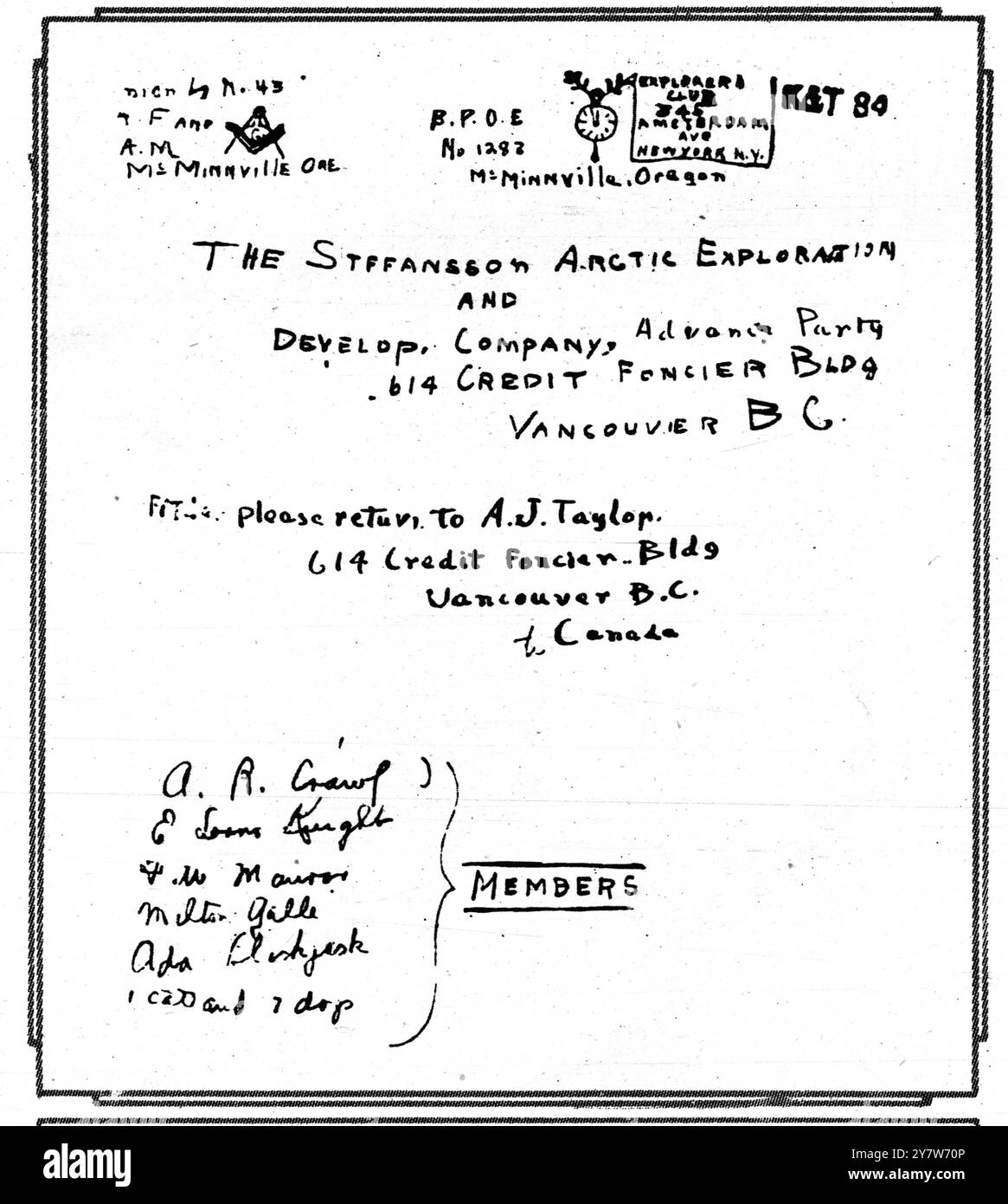 Erbärmliche Aufzeichnungen wurden im Lager auf Wrangel Island gefunden, als am 20. August die Relief-Expedition unter Mr. Harold Noice dort ankam, nur um festzustellen, dass die Eskimo-Frau Ada Blackjack die einzige Überlebende der Expedition war. Hier zu sehen: Dekoriert mit Emblemen brüderlicher Gesellschaften in seiner Heimatstadt McMinnville, Oregon: Die Titelseite des Expedition Logbuchs von Lorne Knight. 29. Dezember 1923 Stockfoto