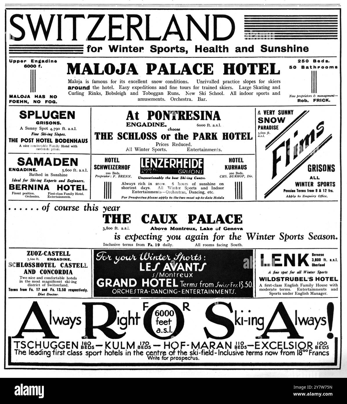 Werbung für verschiedene Skiurlaubshotels und -Resorts in der Schweiz, wie in den Illustrated London News.12. November 1932 veröffentlicht Stockfoto