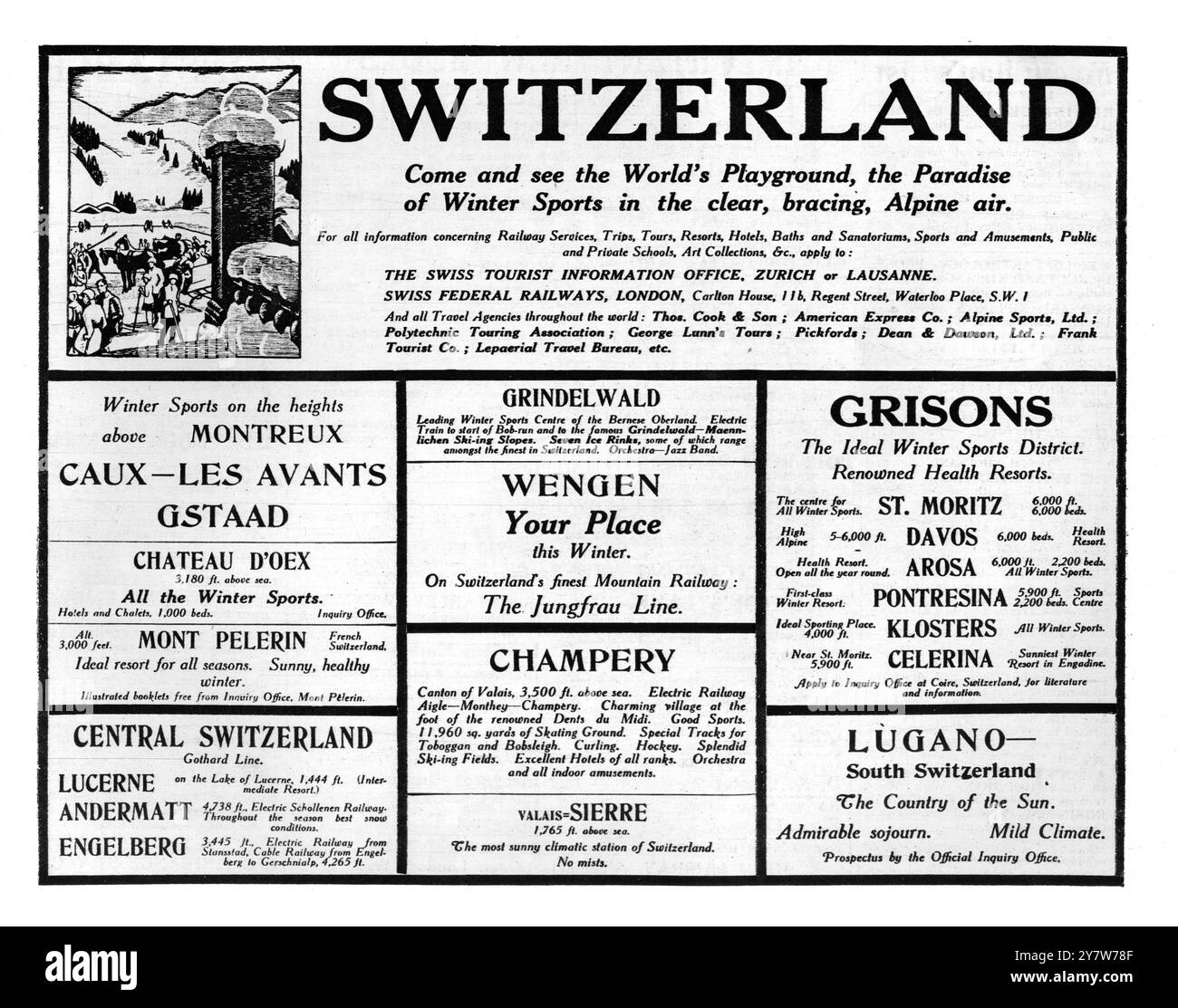 Werbung für verschiedene Skiurlaub-Hotels und -Resorts in der Schweiz, wie in den Illustrated London News.9. Dezember 1922 erschienen Stockfoto