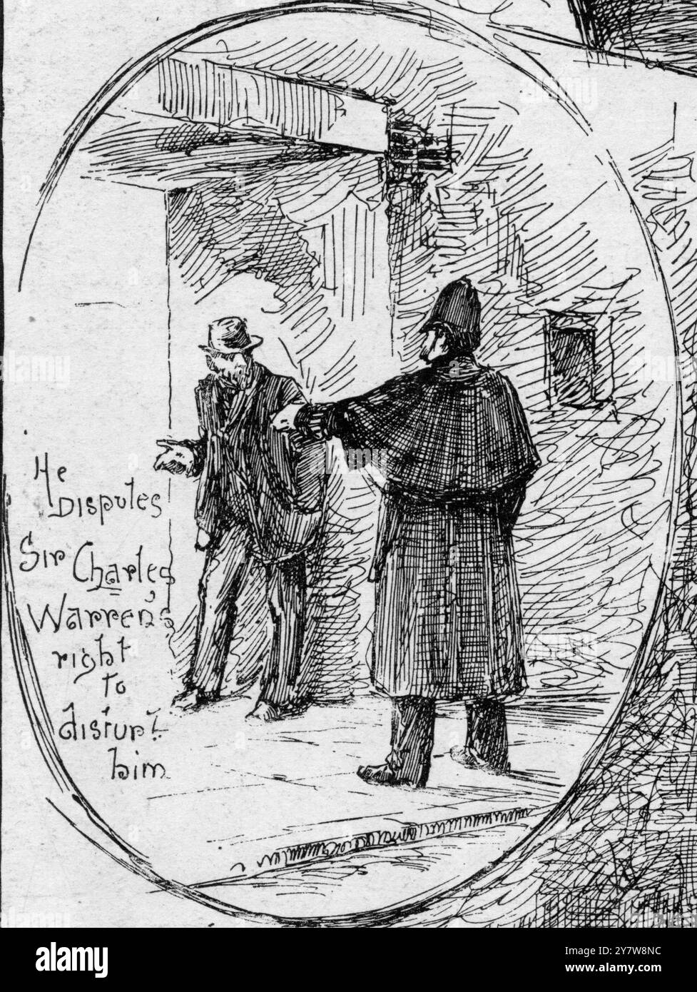 Jack the Ripper - East End Morders 1888Er streitet Sir Charles Warrens Recht an, ihn zu stören Police Sketches with the Police in the East End, London Detail aus den Illustrated London News vom 13. Oktober 1888 der artikel hebt den Mangel an Polizeiressourcen hervor und die Illustrationen von H.C. Seppings Wright zeigen, dass die Polizei Vagranten und Obdachlose als Verdächtige zur Identifizierung festnimmt. Stockfoto