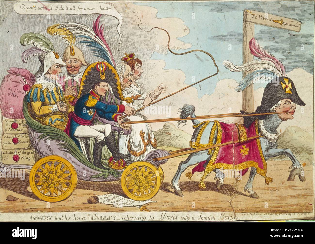 Gilroy Cartoon satirisiert die französische Niederlage in Spanien Boney und sein Pferd Talley - Rückkehr nach Paris mit einer spanischen Ladung ©TopFoto Stockfoto