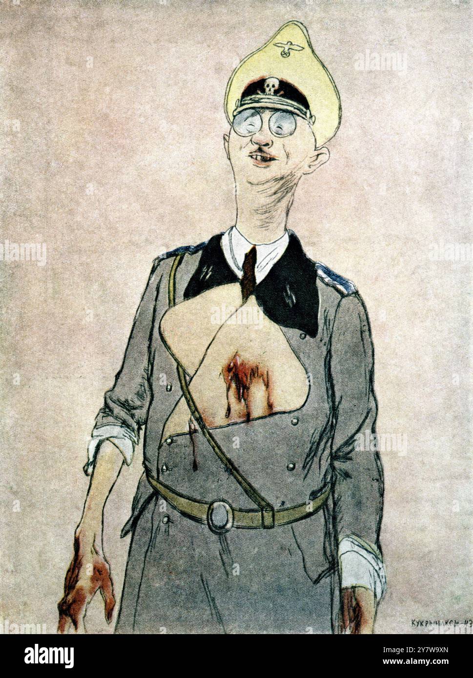 Karikatur Himmlers - 1943 Heinrich Luitpold Himmler (7. Oktober 1900 - 23. Mai 1945) war Kommandeur der Schutzstaffel (SS) und einer der mächtigsten Männer in Nazi-Deutschland und der NS-Hierarchie. Als Reichsführer-SS kontrollierte er die SS und bis zu einem gewissen Grad alle deutschen Polizei- und Sicherheitskräfte (einschließlich der berüchtigten Gestapo). Er war Gründer und leitender Offizier der NS-Konzentrationslager und der berüchtigten Einsatzgruppen Todesschwadronen. ©TopFoto Stockfoto