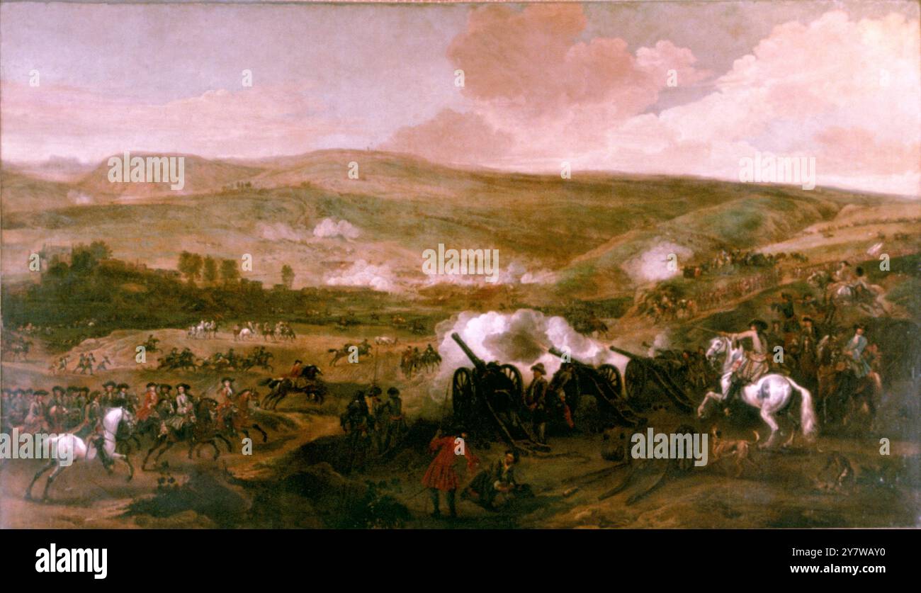 Schlacht am Boyne (1. Juli 1690) von Jan Wyck (1640–1702) in der National Gallery, Irland die Schlacht am Boyne war ein Wendepunkt im Williamitenkrieg in Irland zwischen dem abgesetzten König Jakob II. Von England und VII. Von Schottland und seinem Schwiegersohn und Nachfolger William für die englischen, schottischen und irischen Throne. Sie fand am 1. Juli 1690 vor den Toren der Stadt Drogheda an der irischen Ostküste statt. ©TopFoto Stockfoto
