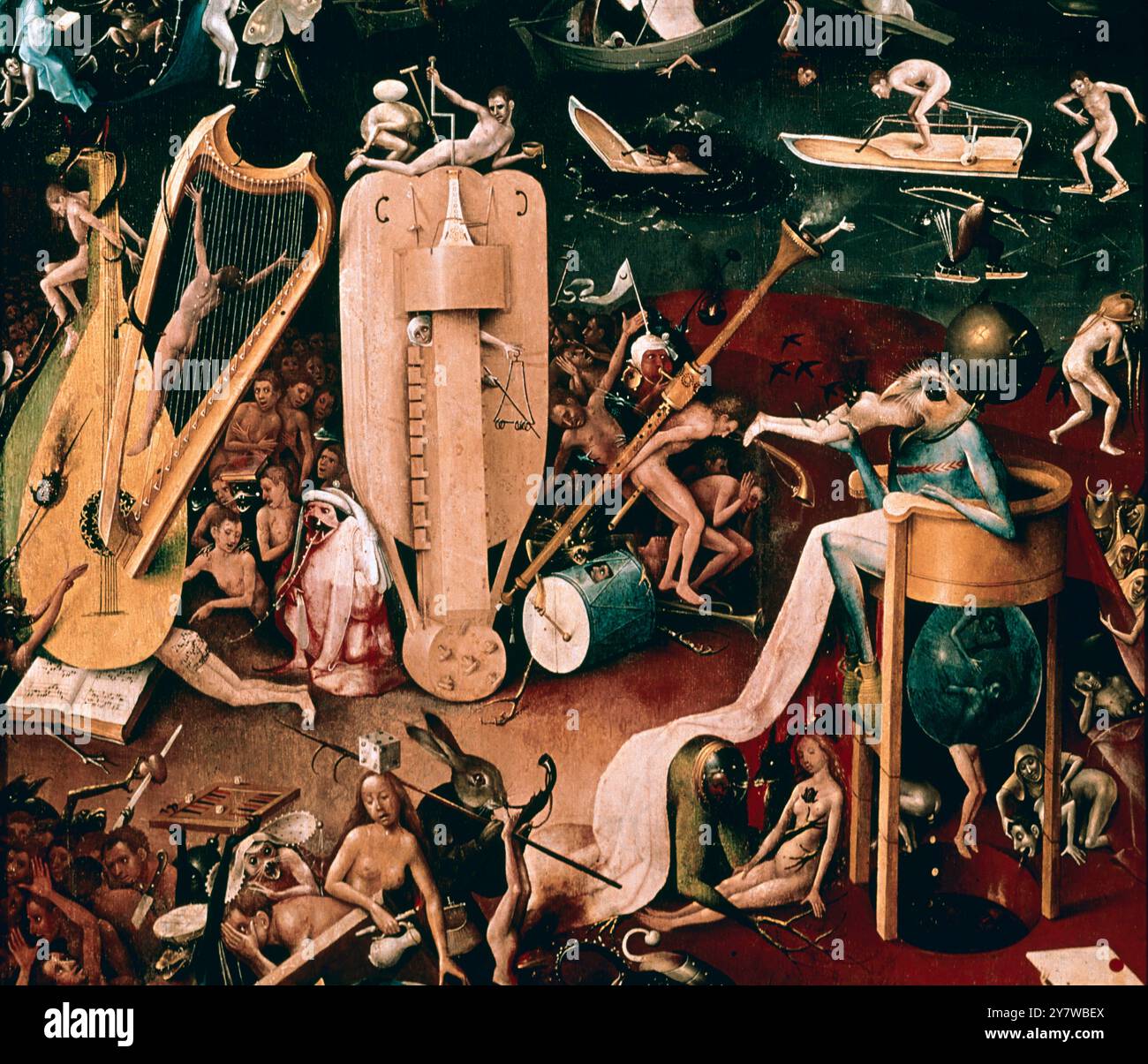 Der Garten der irdischen Freuden: Hölle, rechter Flügel des Triptychons (Detail) c.1500 (Öl auf Platte) Künstler Bosch, Hieronymus (c.1450-1516) Ort Prado, Madrid, Spanien Hieronymus Bosch, auch Jeroen Bosch, Jerome Bosch,(c.. 1450–August 1516) war ein erfolgreicher niederländischer Maler des 15. Und 16. Jahrhunderts. Viele seiner Werke zeigen Sünde und menschliche moralische Versäumnisse. Bosch verwendete Bilder von Dämonen, halbmenschlichen Tieren und Maschinen, um Angst und Verwirrung hervorzurufen und das Böse des Menschen darzustellen. Die Werke enthalten komplexe, höchst originelle, phantasievolle und dichte Verwendung symbolischer Figuren und Ikonographie, von denen einige ob waren Stockfoto