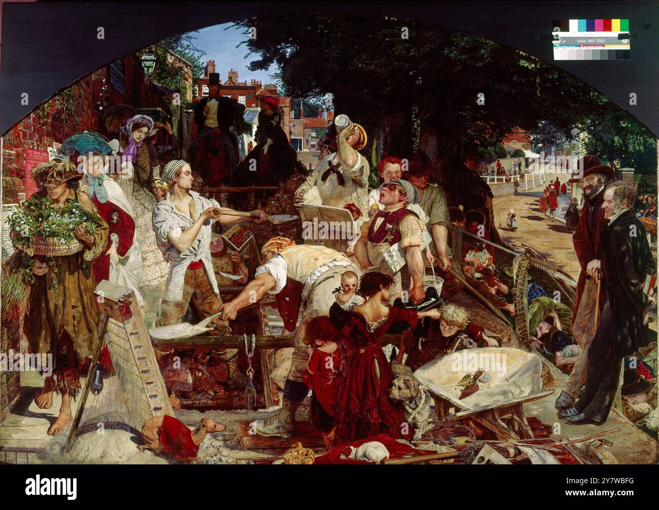 In the Sweat of the Face shalt Thou Eat Bread Work von Ford Maddox Brown (1868) Ford Madox Brown (16. April 1821 bis 6. Oktober 1893) war ein englischer Maler moralischer und historischer Themen, der durch seine unverwechselbare grafische und oft hogarthische Version des präraffaelistischen Stils bekannt war. Obwohl er eng mit der Pre-Raphaelite Brotherhood verbunden war, war er nie Mitglied. Browns wichtigstes Gemälde war das Werk (1852–1865), das er in einer Sonderausstellung zeigte. Es versuchte, die Gesamtheit der sozialen Erfahrung in der Mitte-viktorianischen Welt in einem einzigen Bild darzustellen, das Stockfoto