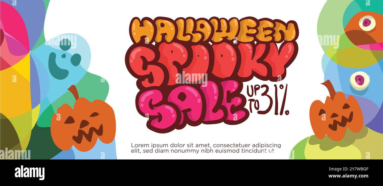 Gruseliges Monster Halloween Party Banner Konzept. Abstrakte geometrische Flüssigkeitsform. Monster halloween mit Hand gezeichnetem Banner Vorlage Vektor Illustration. Stock Vektor