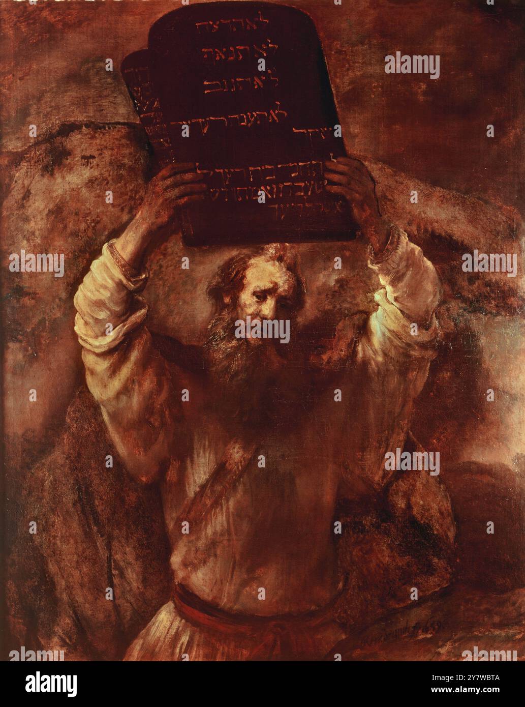 Moses Smashing the Tablets of the Law, 1659 (Öl auf Leinwand) von Rembrandt Location Gemaldegalerie, Berlin, Deutschland Rembrandt Harmenszoon van Rijn (15. Juli 1606 – 4. Oktober 1669) gilt allgemein als einer der größten Maler der europäischen Kunstgeschichte und der bedeutendste in der niederländischen Geschichte. ©TopFoto Stockfoto