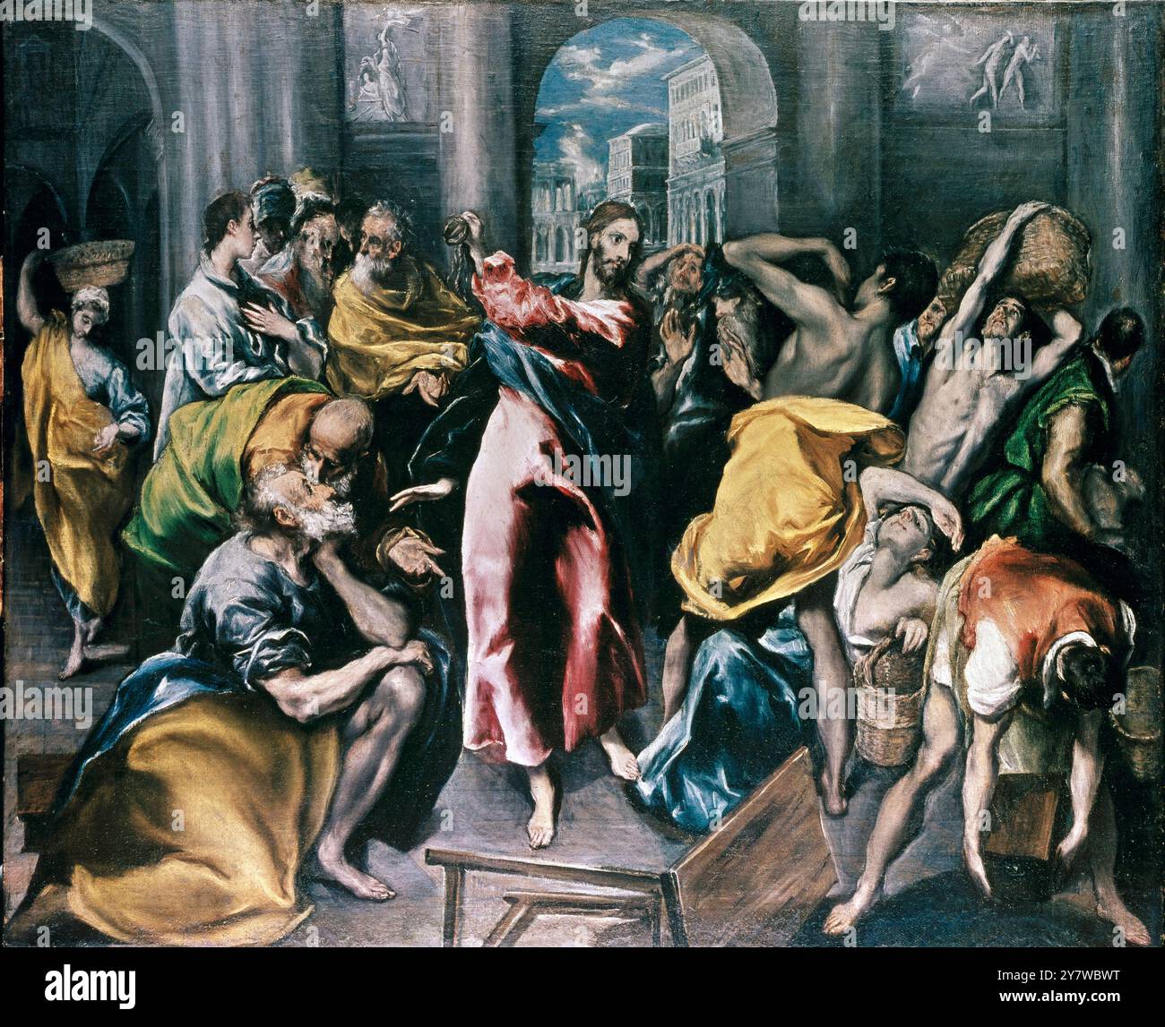 Christ Driving the Traders from the Temple, c.1600 (Öl auf Leinwand) Künstler Greco, El (Domenico Theotocopuli) (1541-1614) Ort National Gallery, London, Vereinigtes Königreich El Greco (mittelalterliches Kastilisch für „der Grieche“) ist der Name, unter dem Domênikos Theotokópoulos (1541, Fodele, Heraklion, Kreta, Griechenland bis 7. April 1614, Toledo, Spanien), ein griechisch-spanischer Maler, der Bildhauer und Architekt der spanischen Schule ist am bekanntesten. ©TopFoto Stockfoto