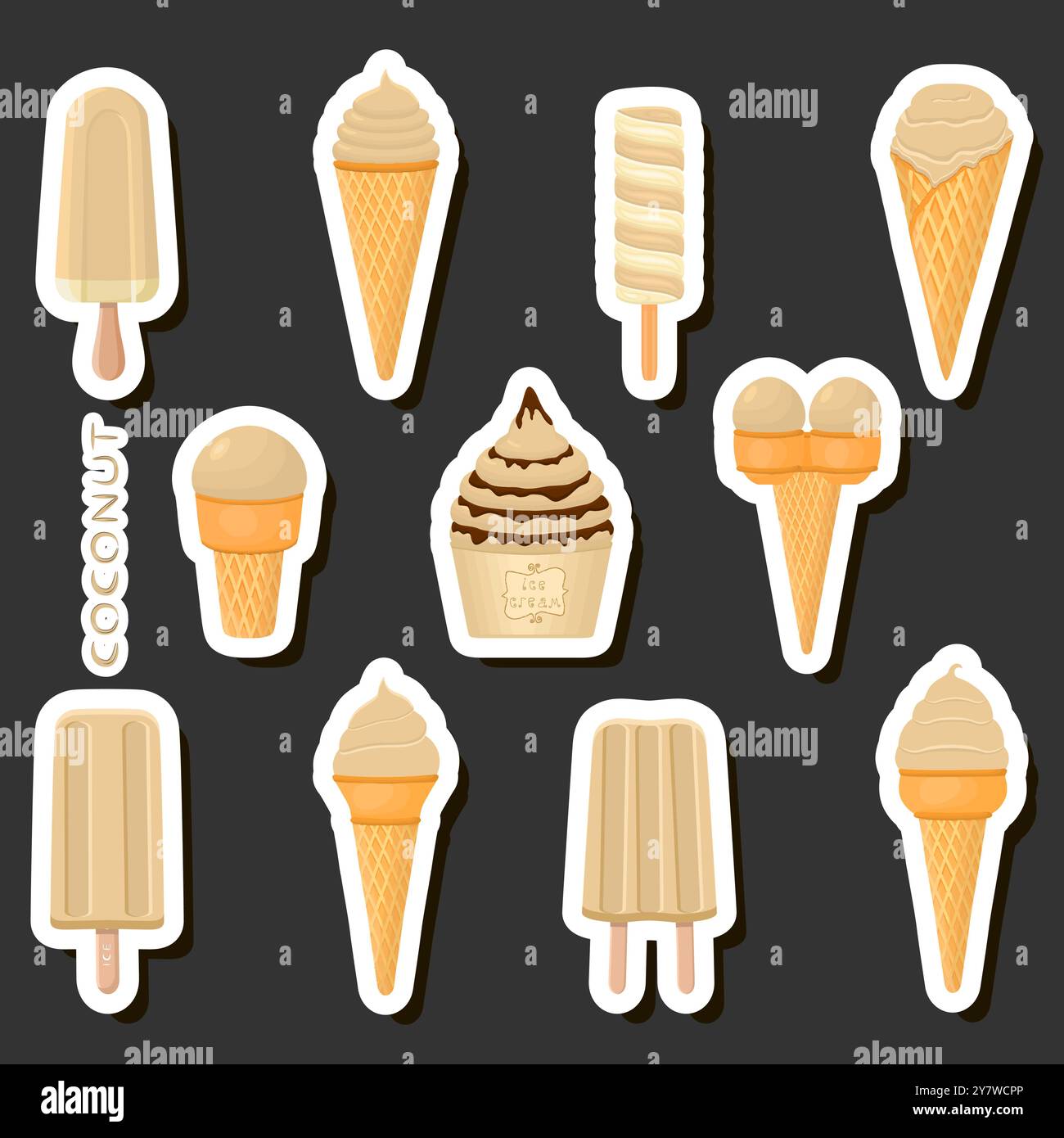 Großes buntes Set verschiedene Arten natürliches Desserteis bestehend aus verschiedenen Zutaten, Design Eis verschiedene Größen von Menü Bio Nutriti Stock Vektor