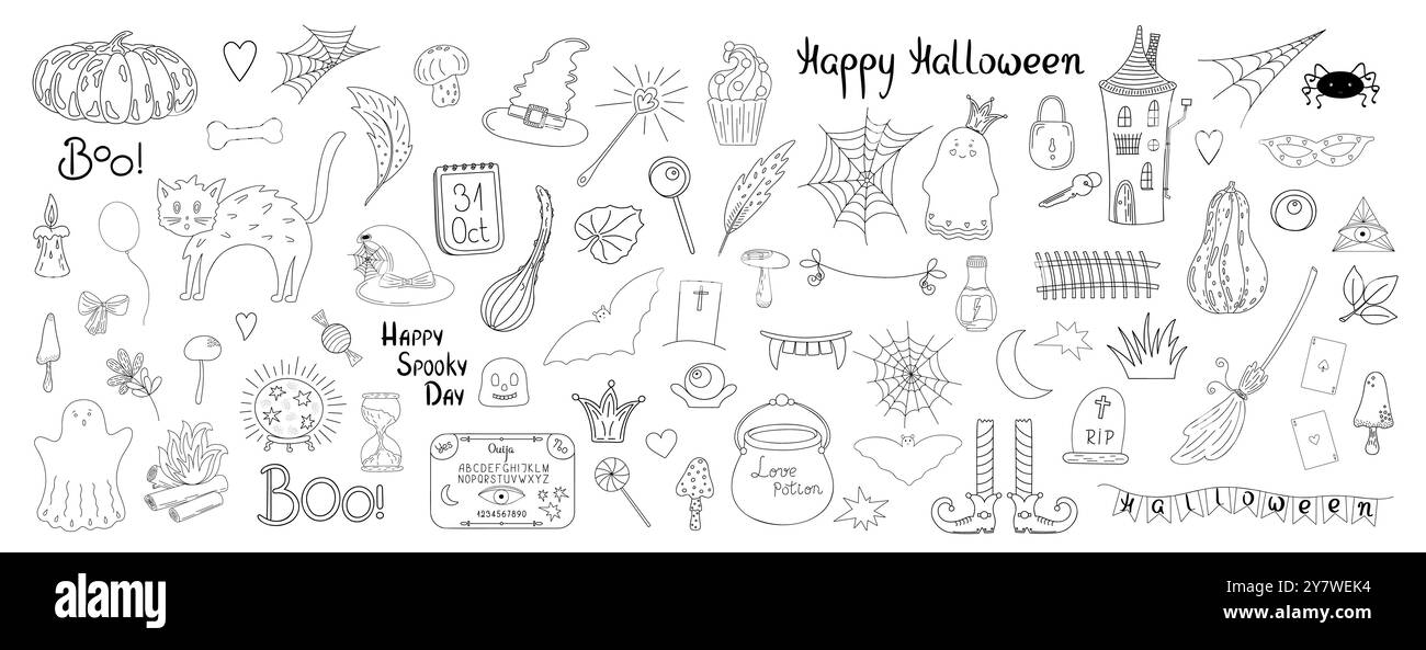 Halloween Set Doodle Herbst Feiertagsfeier Dekor, niedliche gruselige Illustration, trendiges Feiertagssymbol Hexenhut, Gift, Zähne, Strumpf, Feder, Buh, Pilz, Spukhaus, Ouija, Spinnennetz, Kürbis Stock Vektor