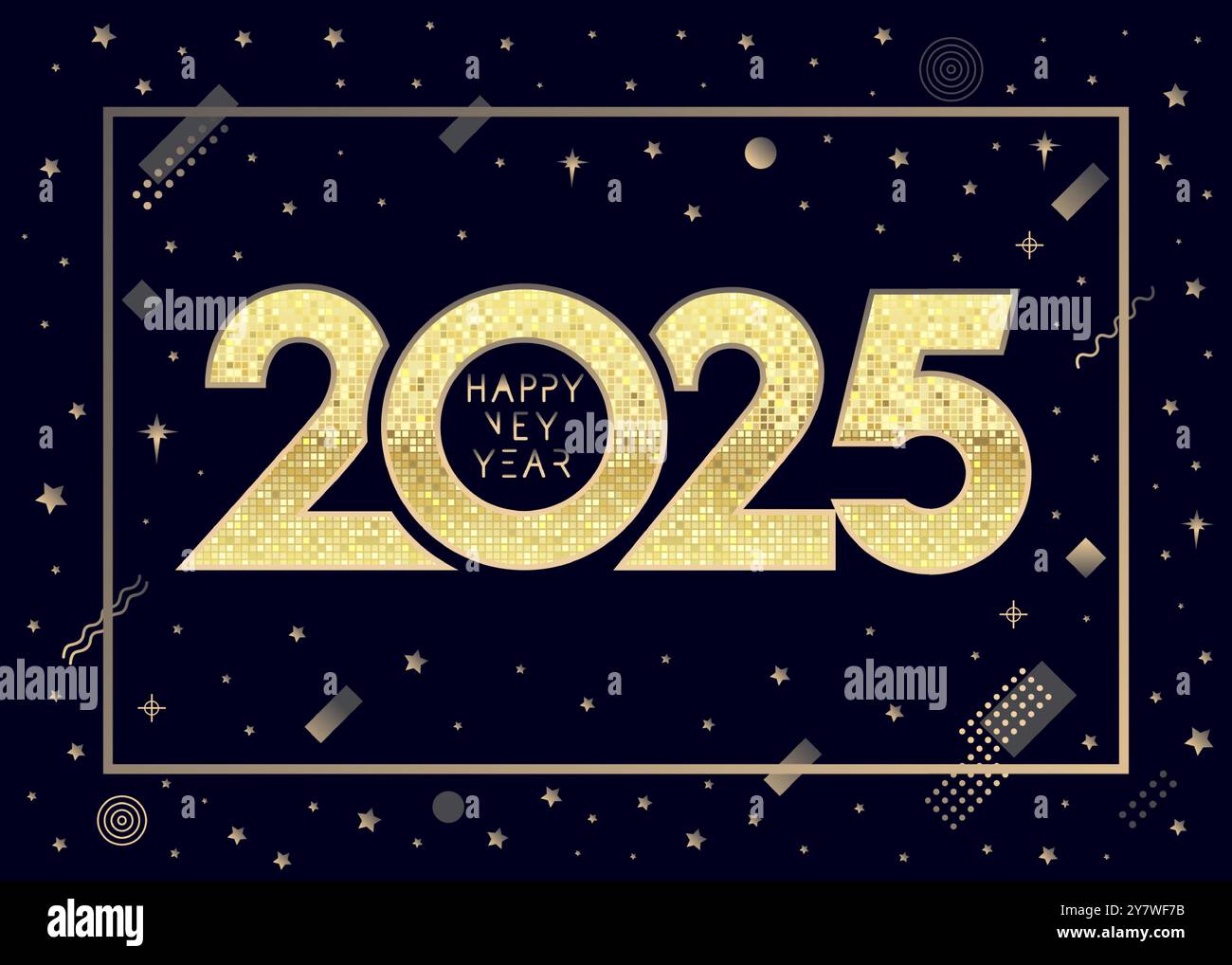 Happy New Year 2025: Goldene Zahlen, Elemente im memphis-Stil und Sterne. Premium-Logo-Konzept mit goldenem Mosaik-Logo 2025. Vektorkalenderdesign 2025 Stock Vektor