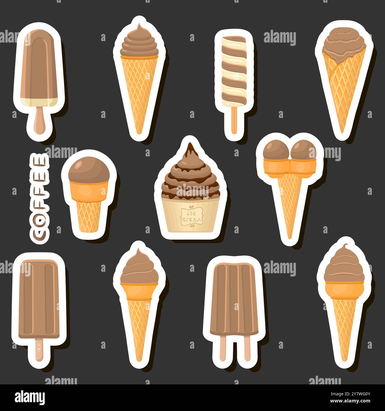 Großes buntes Set verschiedene Arten natürliches Desserteis bestehend aus verschiedenen Zutaten, Design Eis verschiedene Größen von Menü Bio Nutriti Stock Vektor